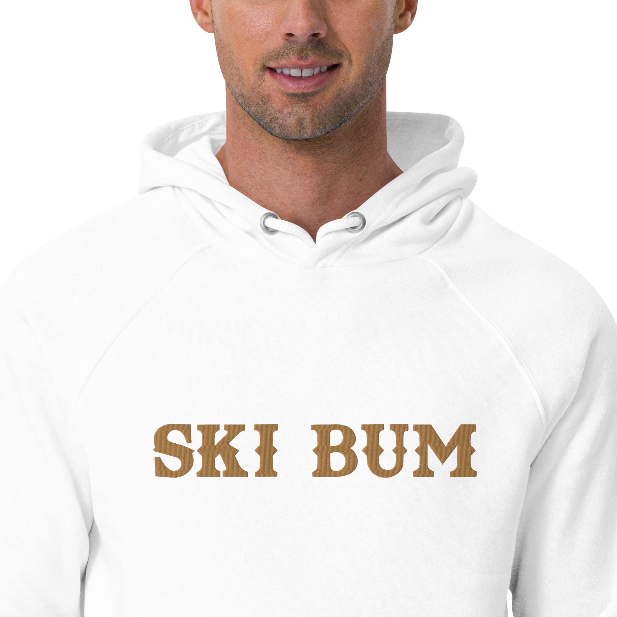 Unisex eco raglan hoodie Ski Bum large old gold embroidered pattern