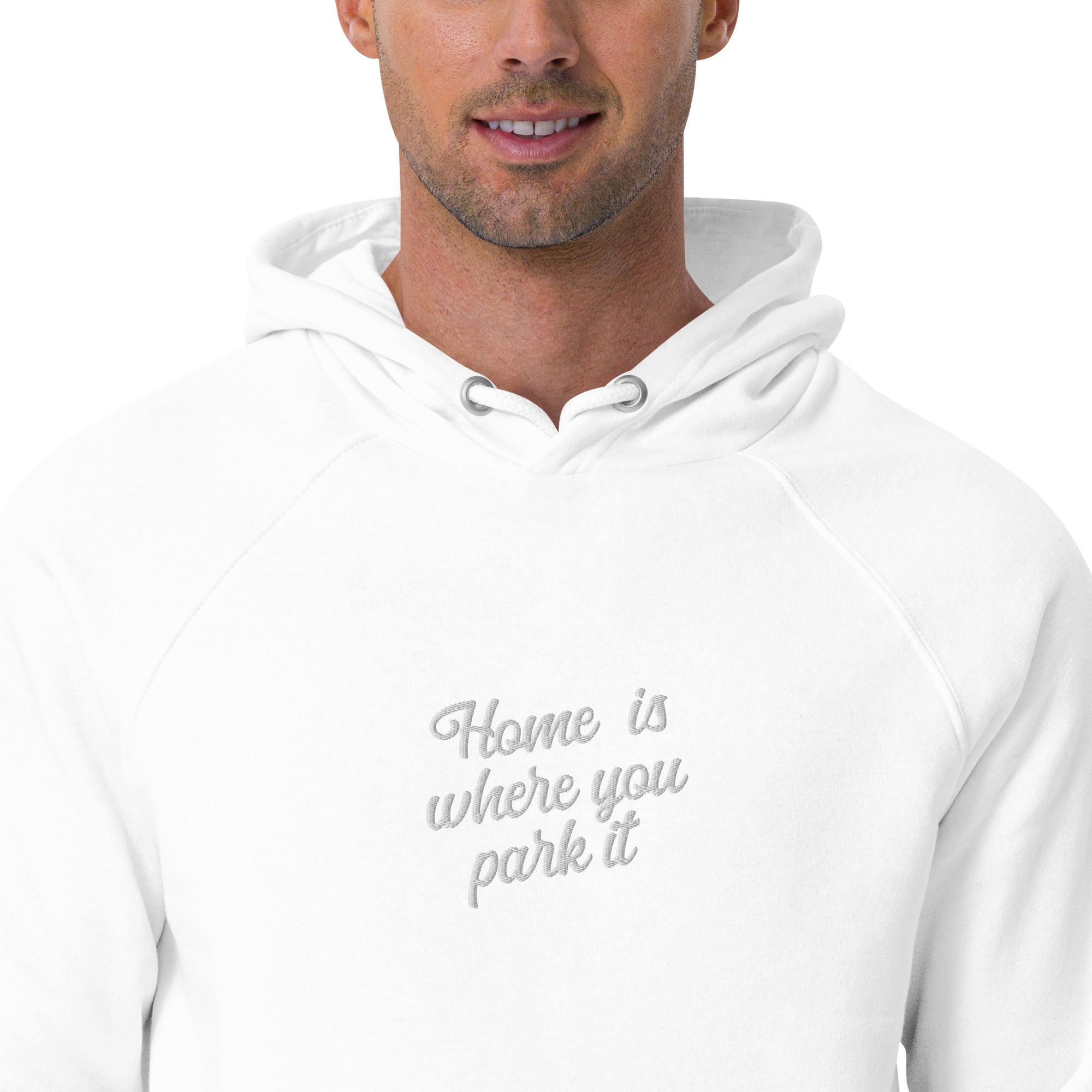 Sweat à capuche écologique Raglan unisexe Square Vintage Campers Home is where you park it brodé blanc