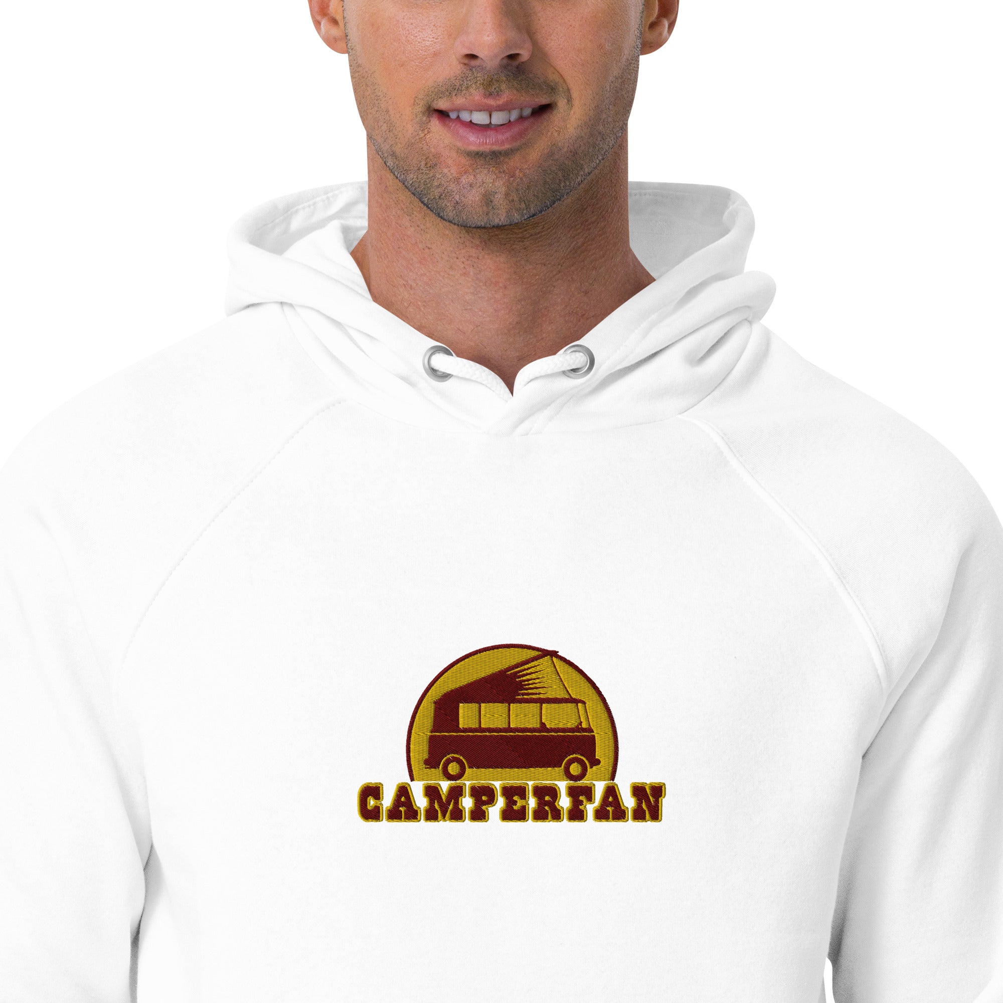 Unisex eco raglan hoodie maroon/gold embroidered pattern