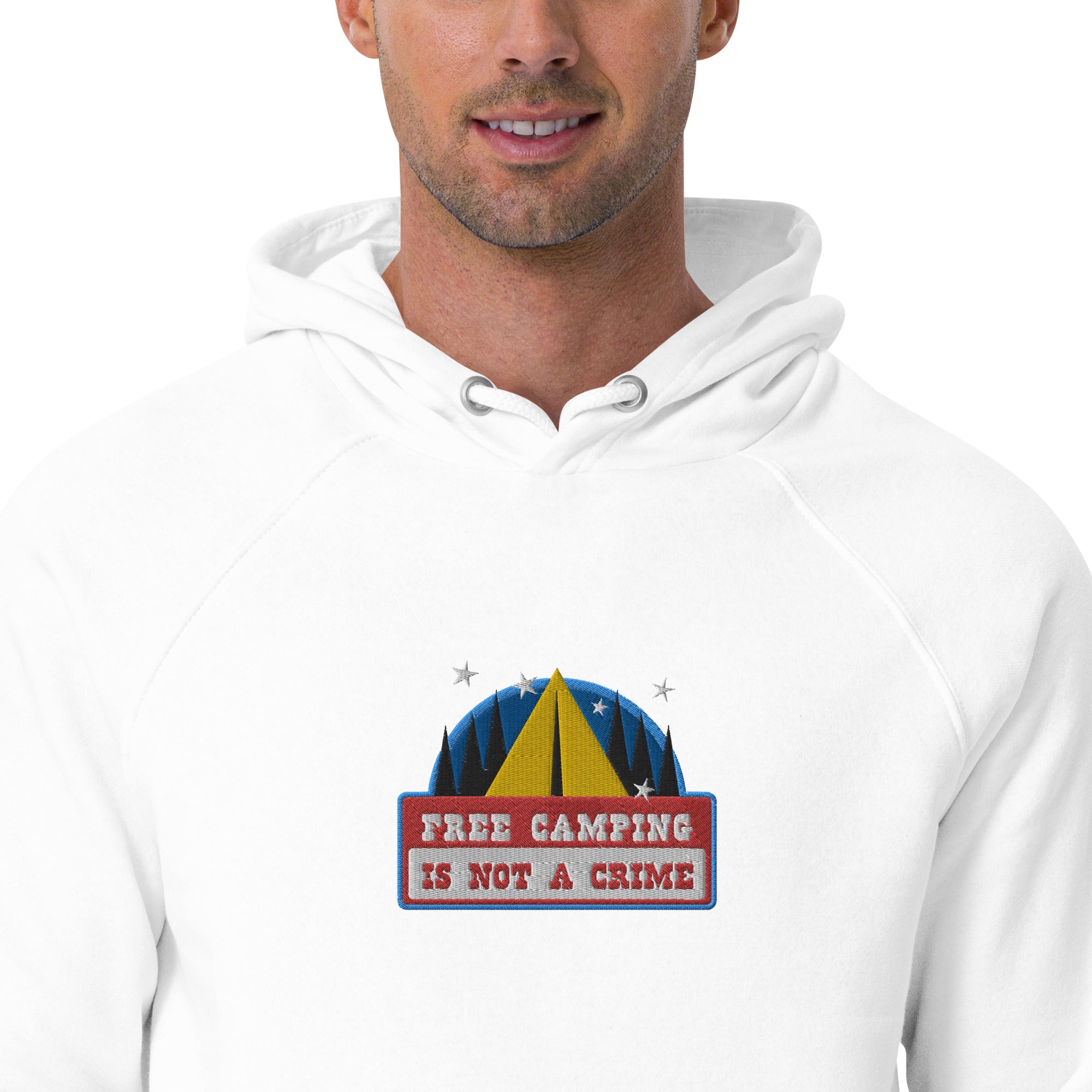 Sweat à capuche écologique Raglan unisexe Free camping is not a crime graphic brodé multicolore