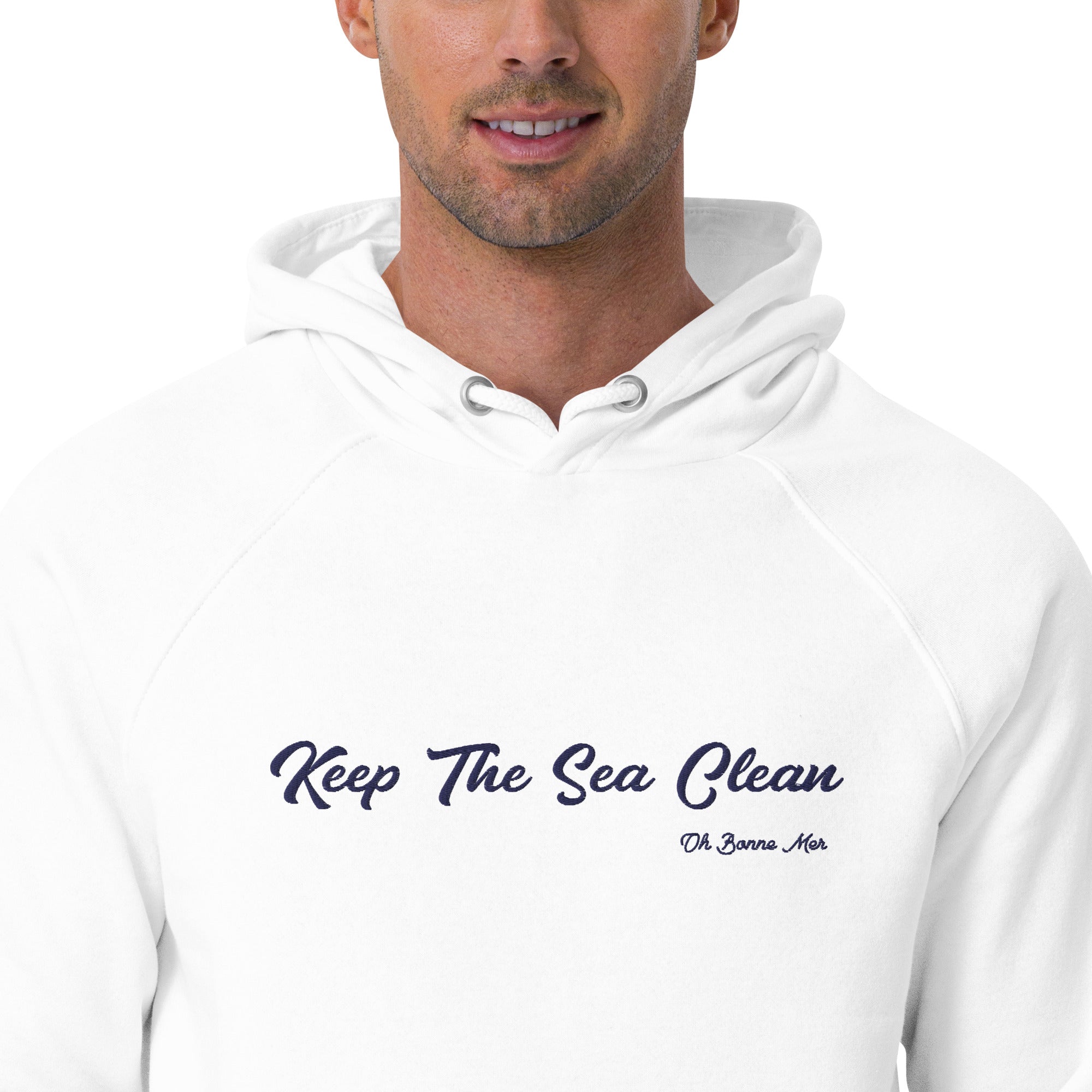 Unisex eco raglan hoodie Keep The Sea Clean large navy embroidered pattern