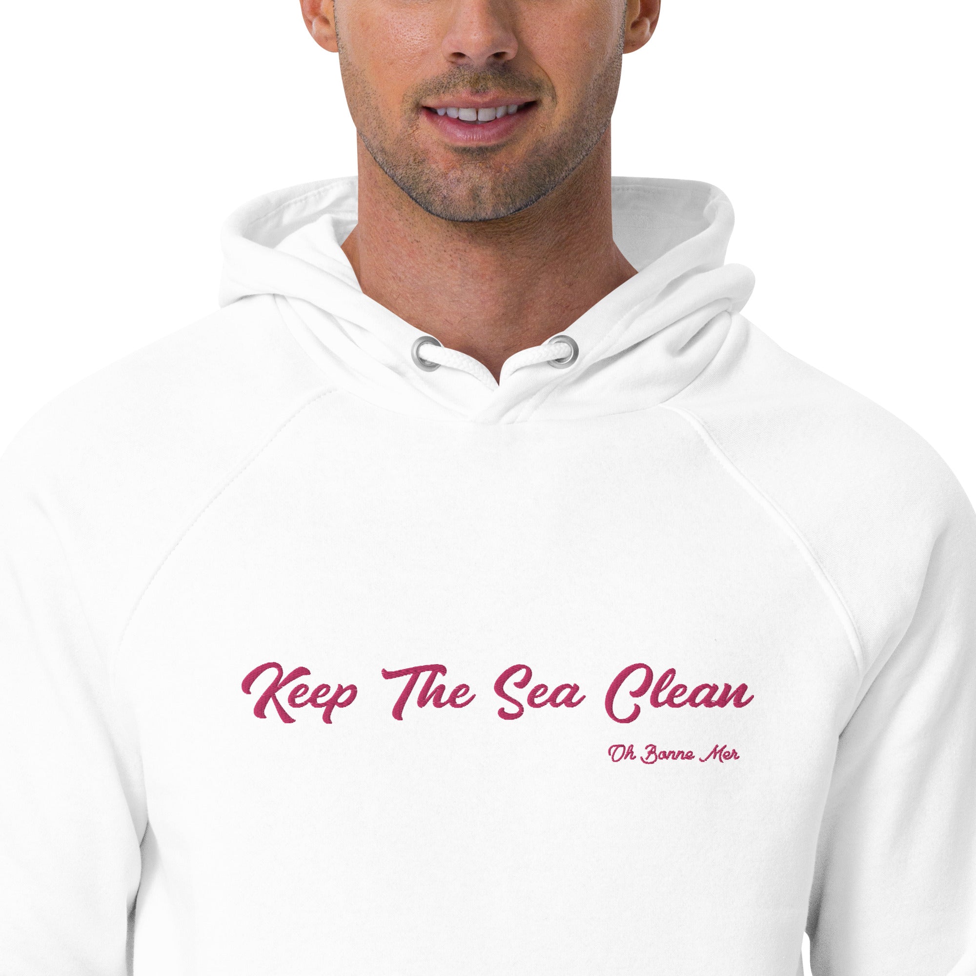 Sweat à capuche écologique Raglan unisexe Keep The Sea Clean grand motif brodé flamingo