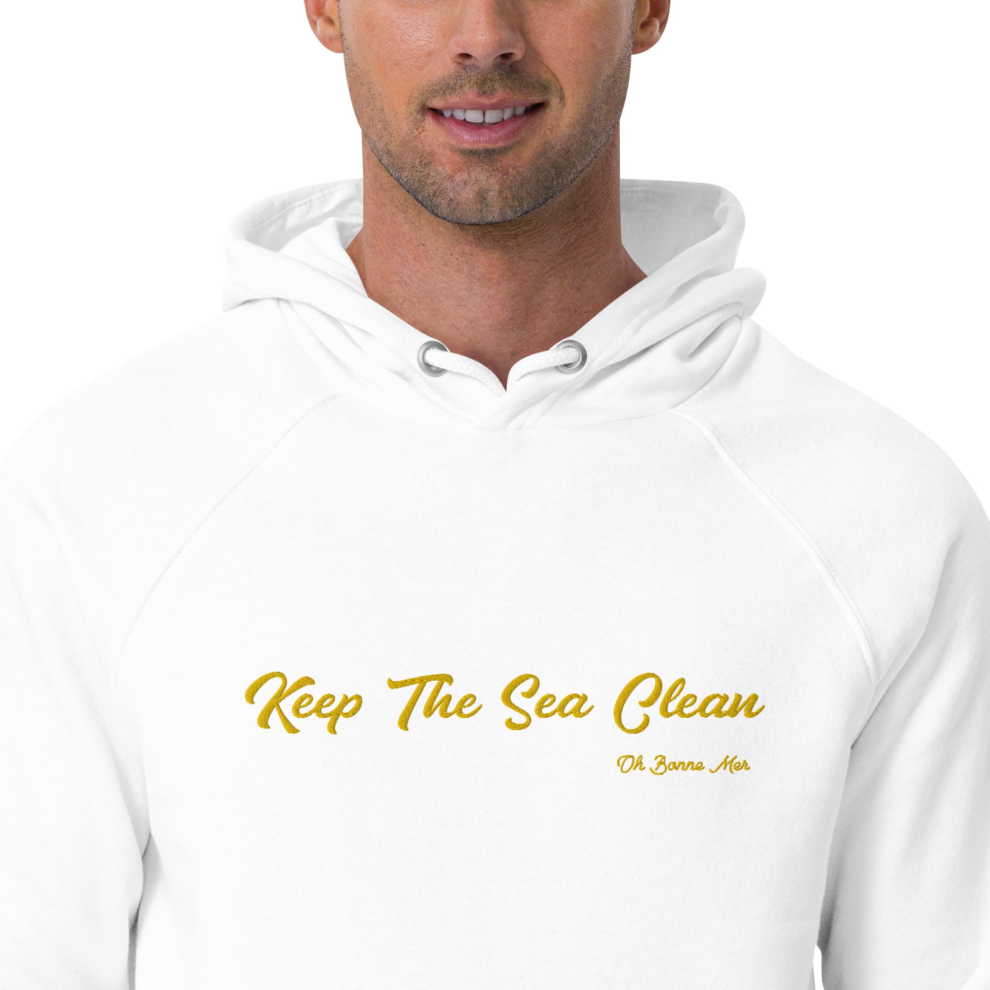 Unisex eco raglan hoodie Keep The Sea Clean large gold embroidered pattern