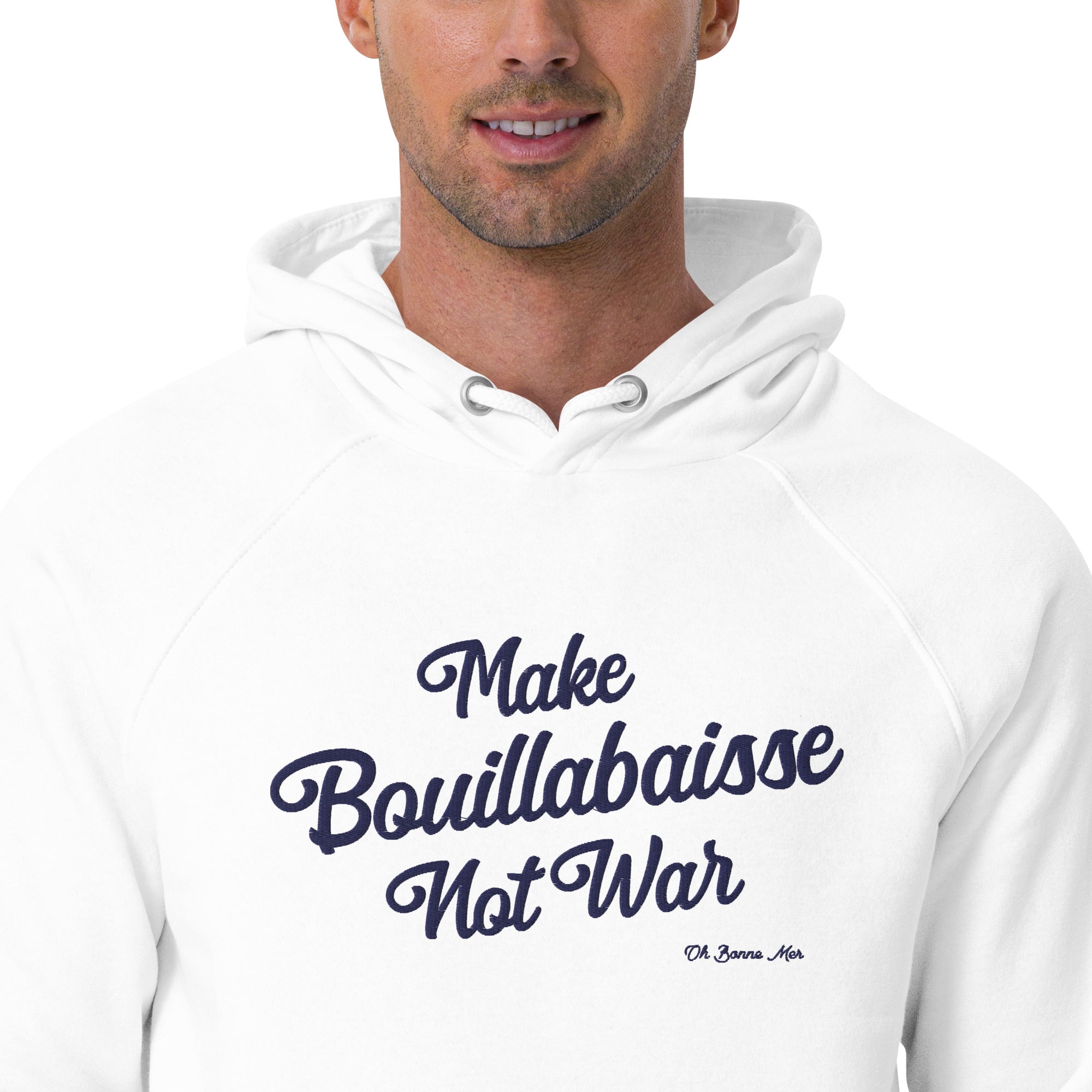 Unisex eco raglan hoodie Make Bouillabaisse Not War large navy embroidered pattern