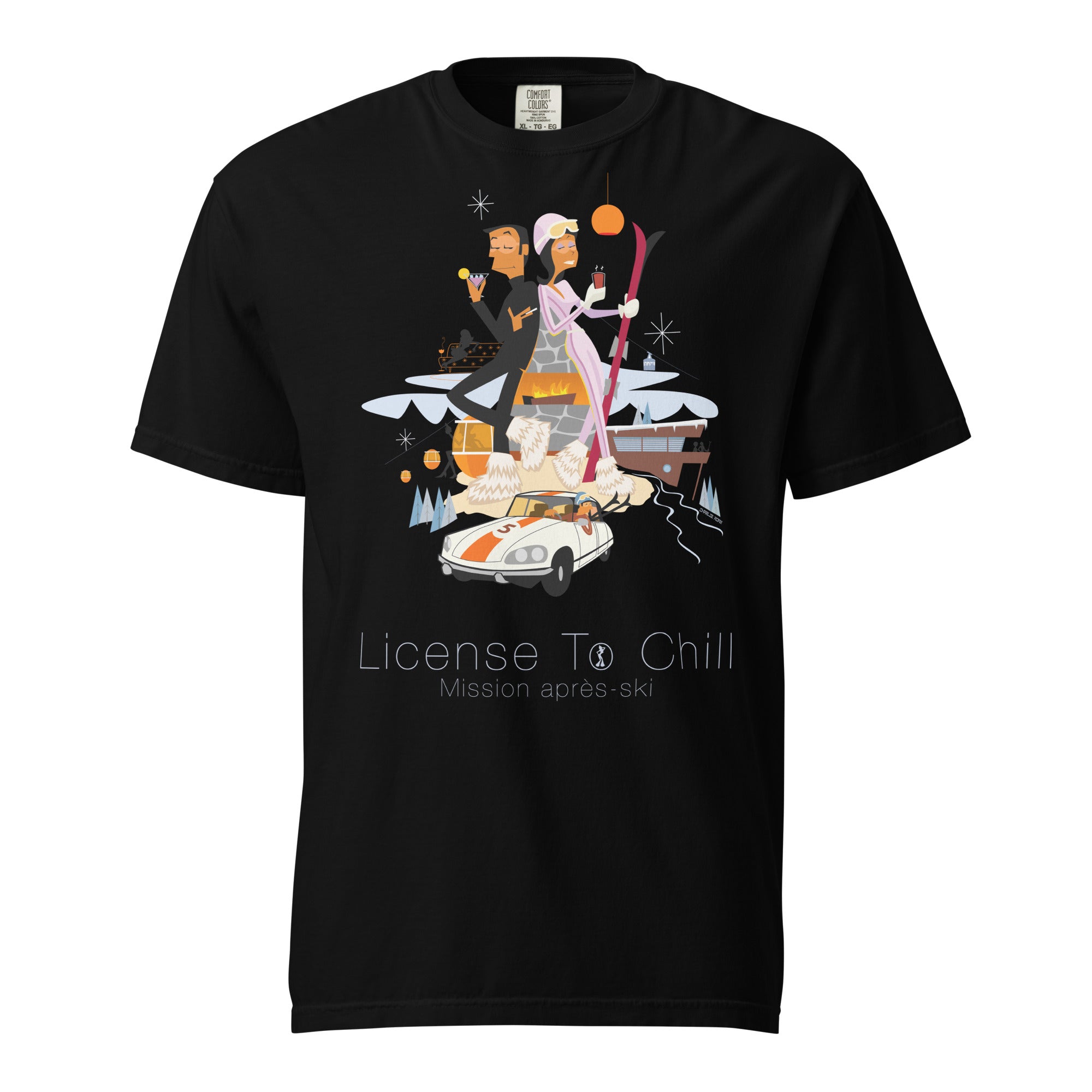 T-shirt teinté lourd unisexe License To Chill Mission Après-Ski sur couleurs foncées