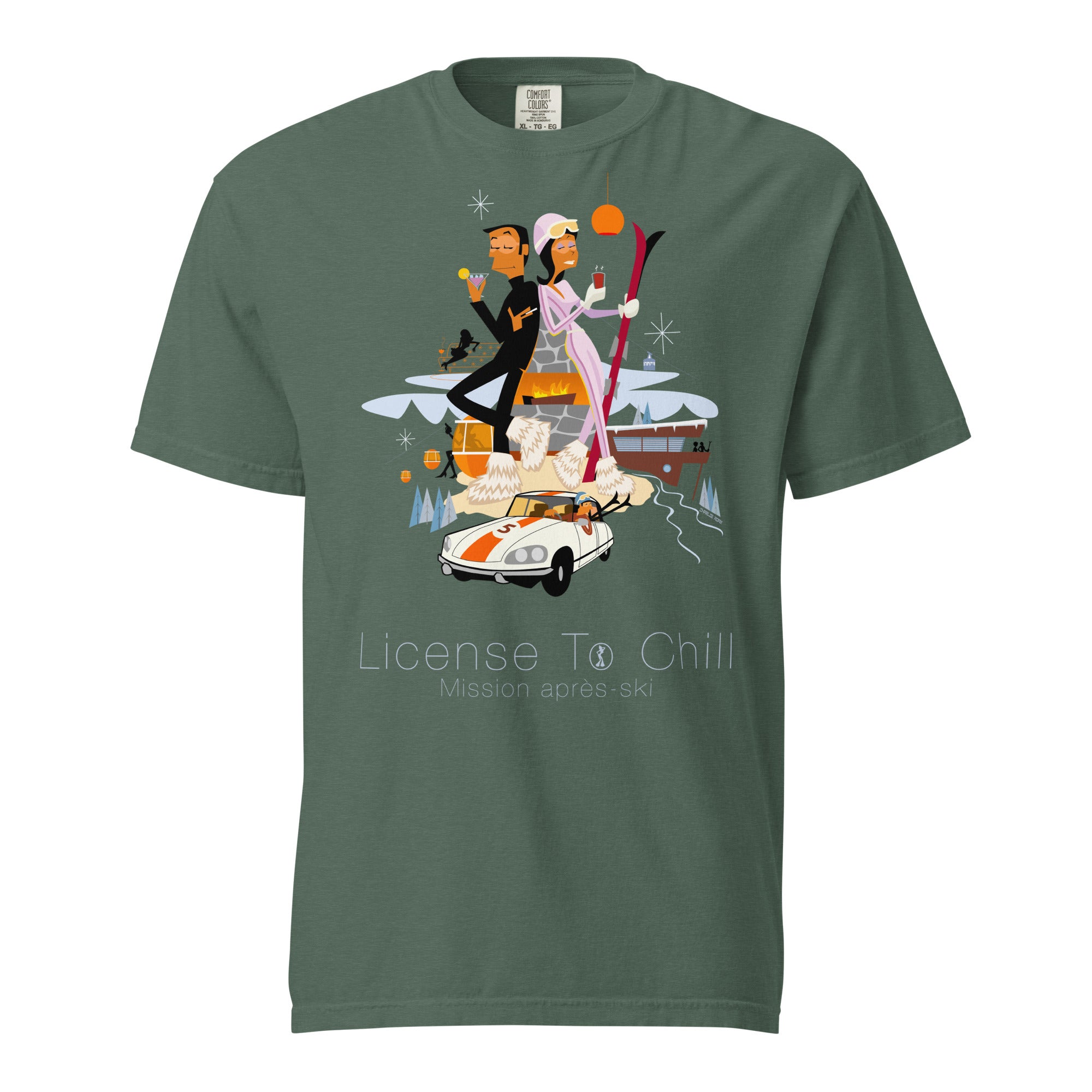 T-shirt teinté lourd unisexe License To Chill Mission Après-Ski sur couleurs foncées