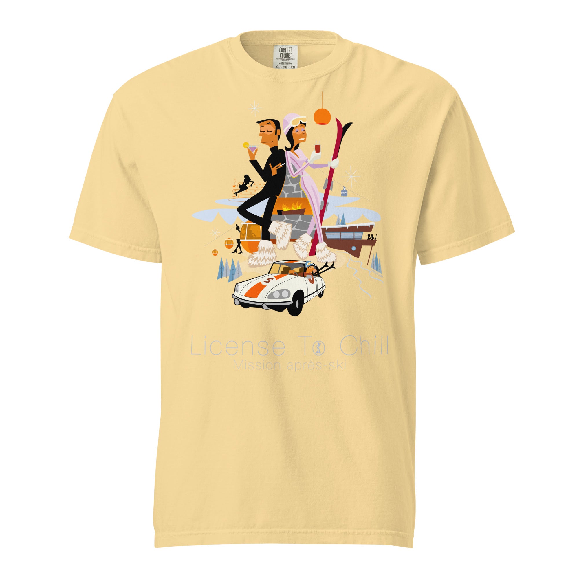 T-shirt teinté lourd unisexe License To Chill Mission Après-Ski sur couleurs claires