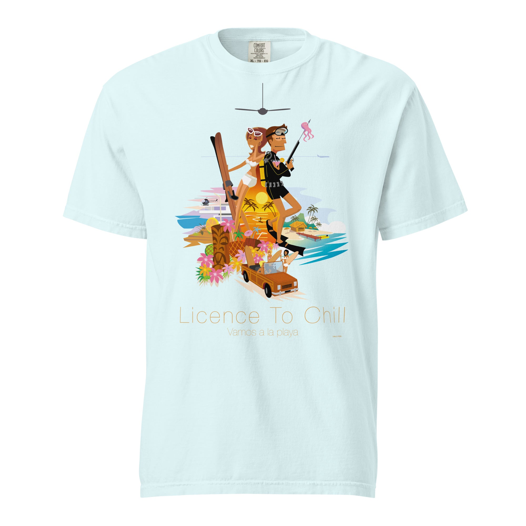 T-shirt teinté lourd unisexe License to Chill Vamos a la Playa sur couleurs claires