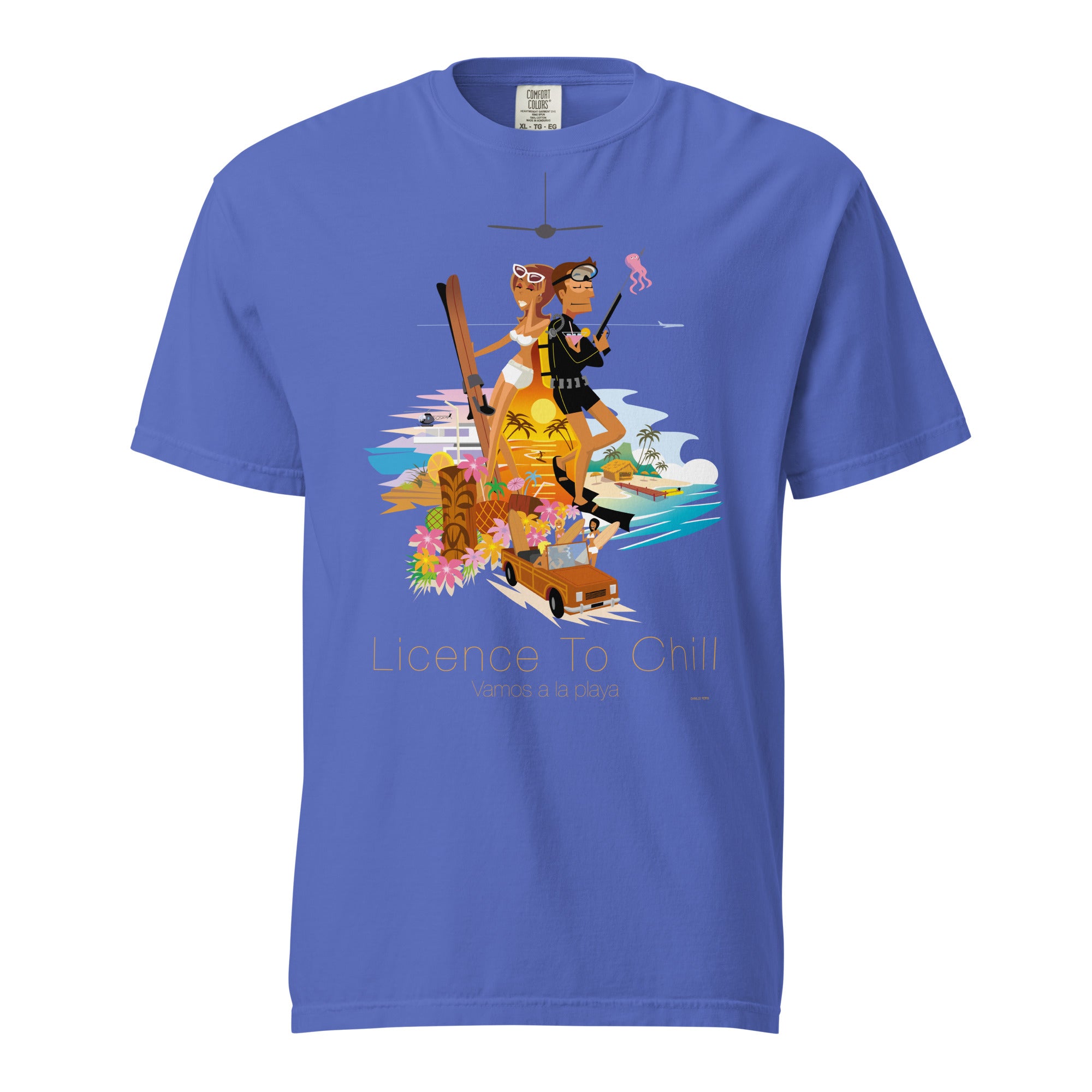 T-shirt teinté lourd unisexe License to Chill Vamos a la Playa sur couleurs foncées