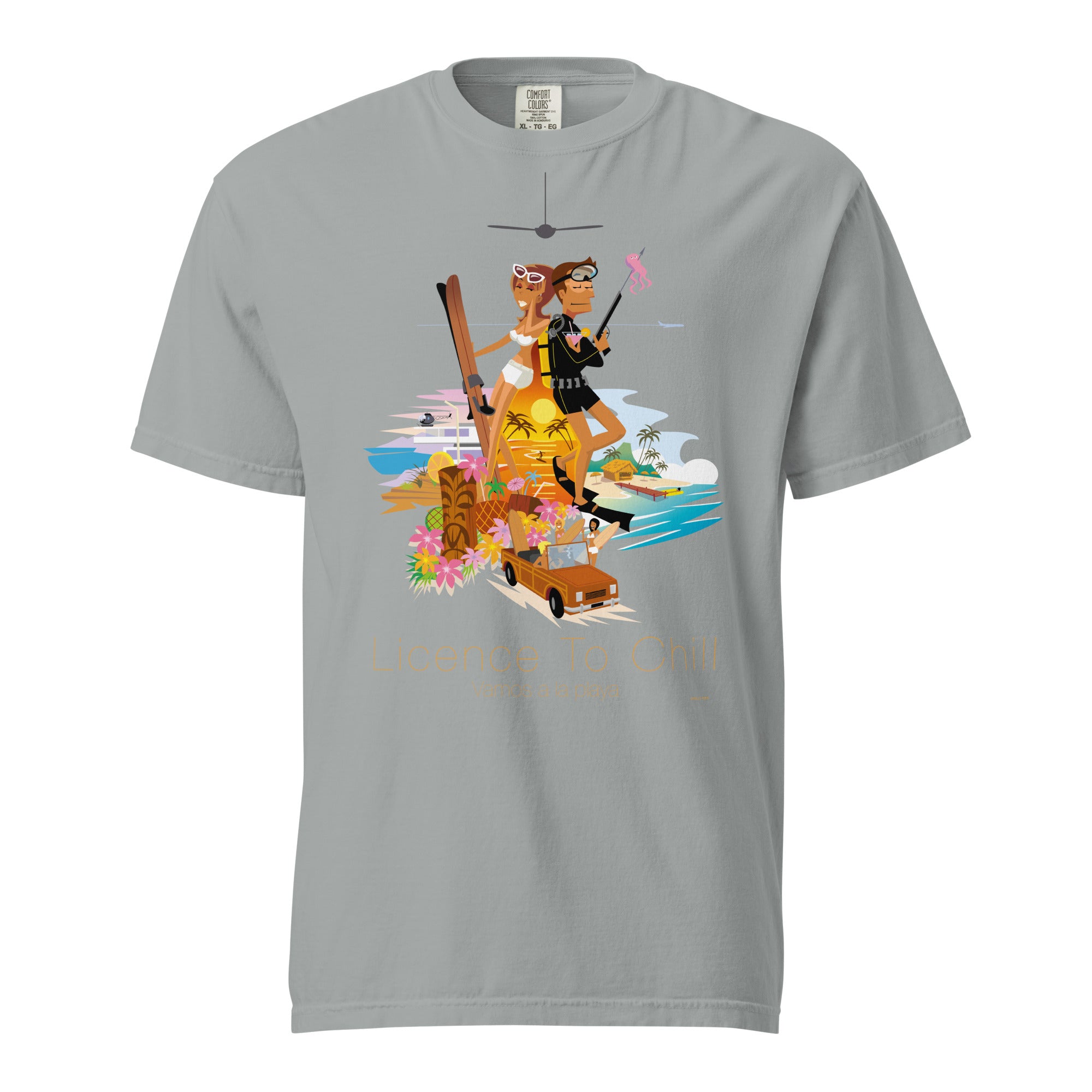 T-shirt teinté lourd unisexe License to Chill Vamos a la Playa sur couleurs foncées