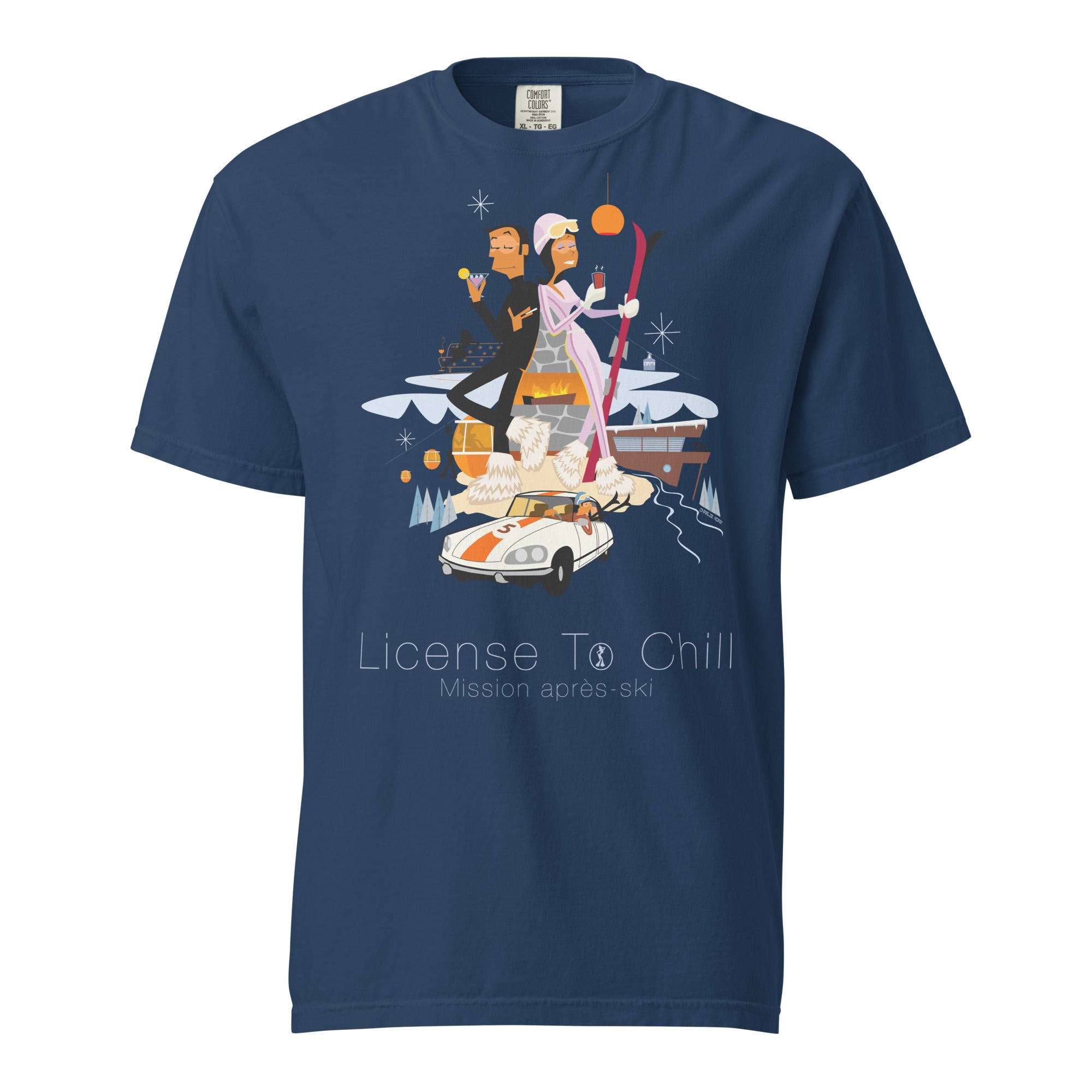 T-shirt teinté lourd unisexe License To Chill Mission Après-Ski sur couleurs foncées