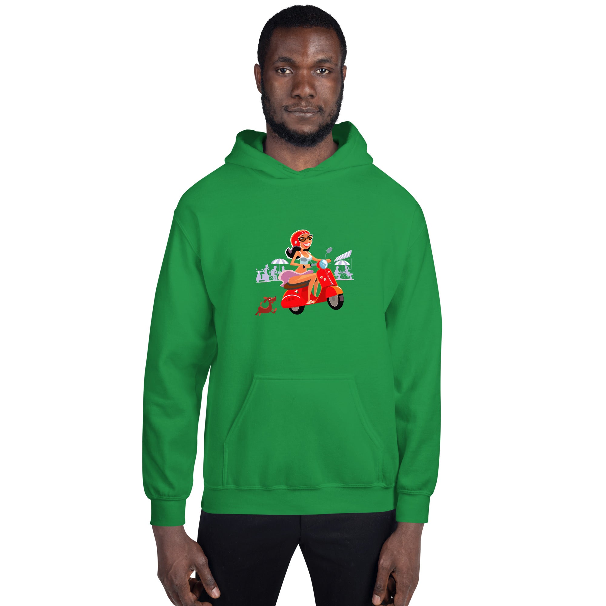 Unisex Hoodie Vespa Girl in St Tropez on bright colors