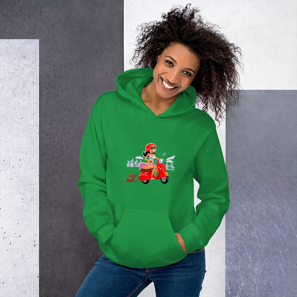 Unisex Hoodie Vespa Girl in St Tropez on bright colors