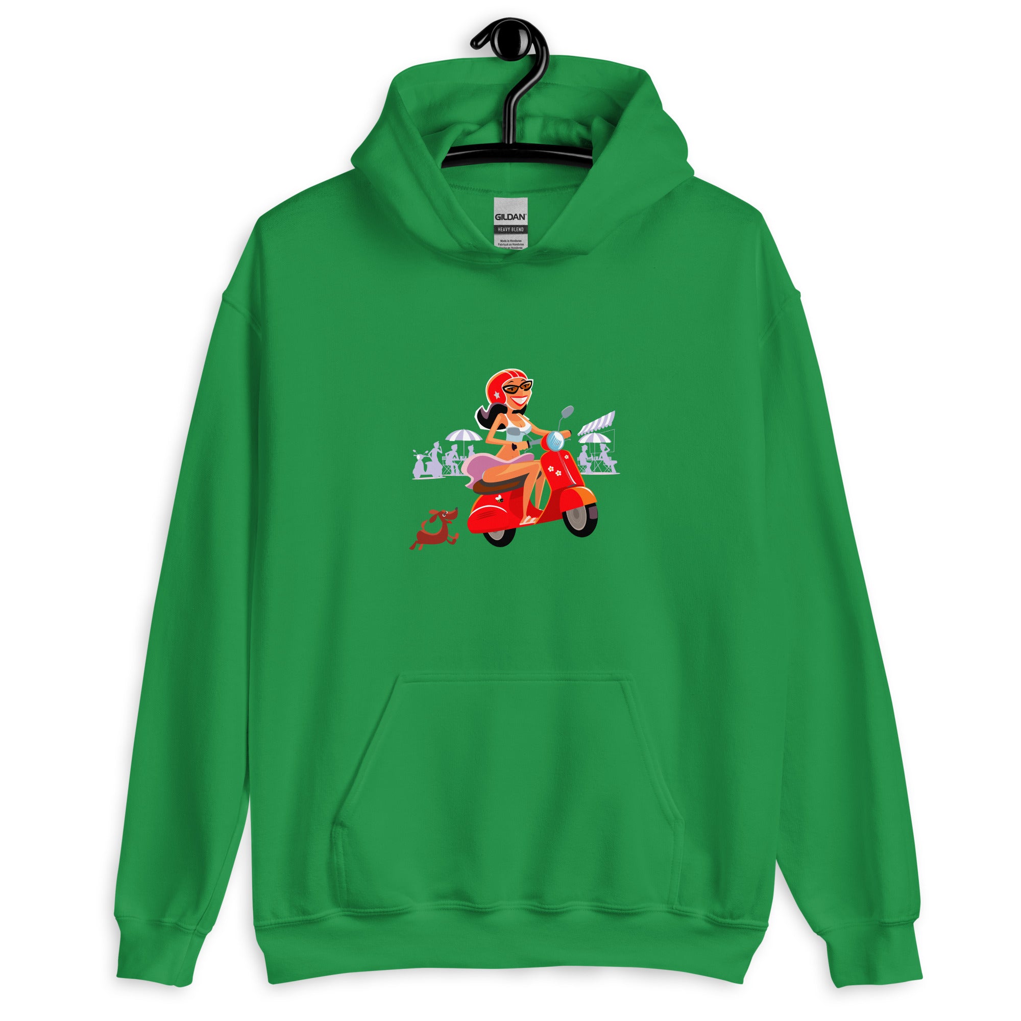 Unisex Hoodie Vespa Girl in St Tropez on bright colors