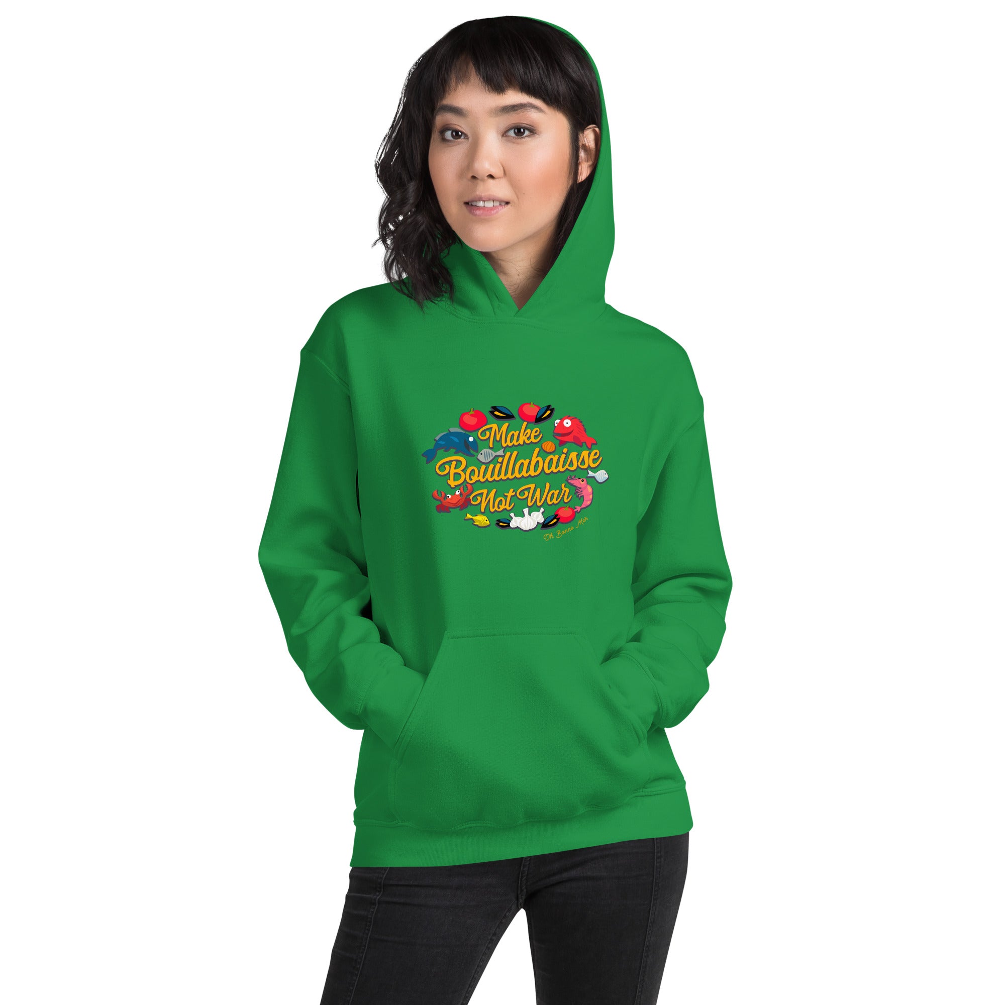 Sweat à capuche d'hiver unisexe Make Bouillabaisse Not War sur couleurs vives