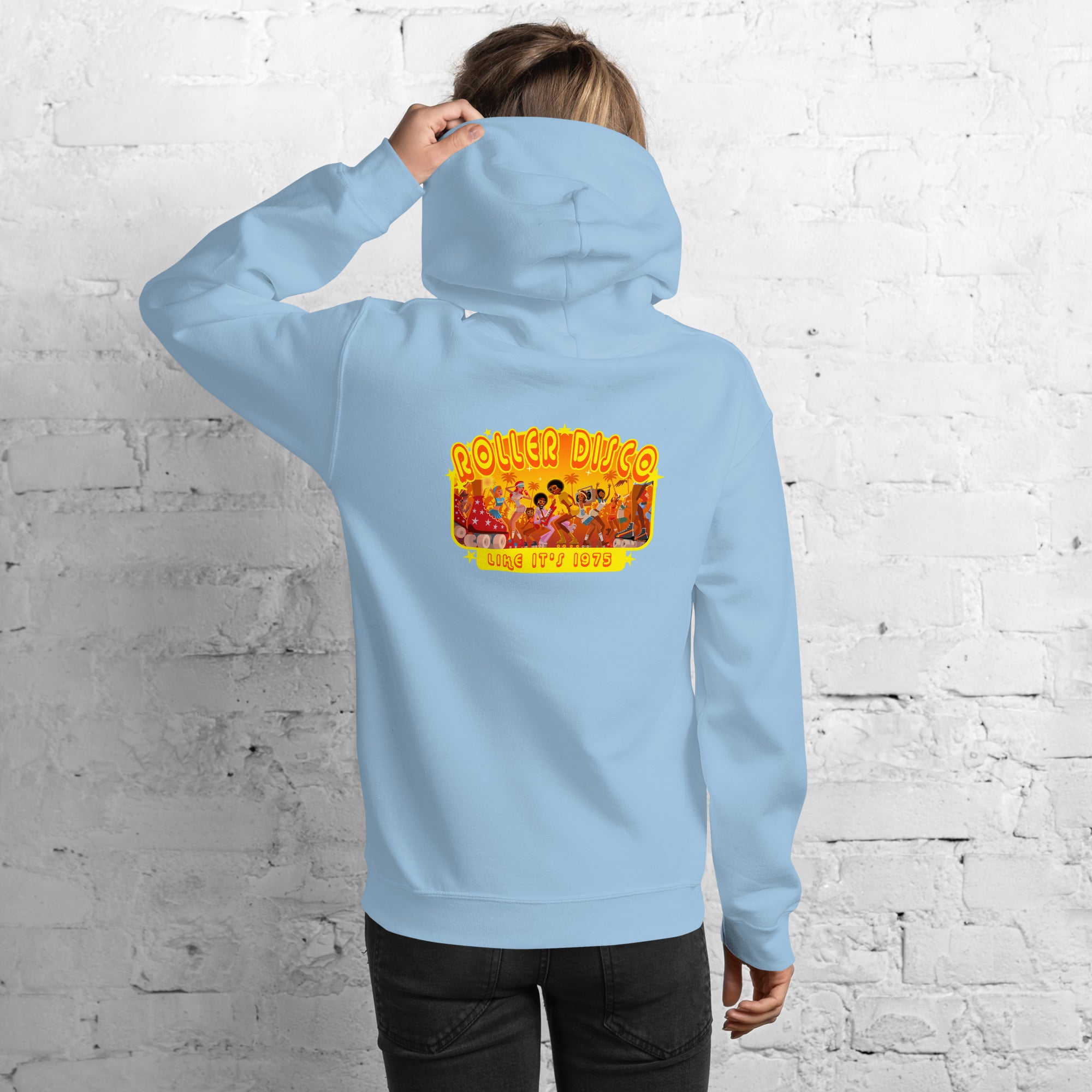 Unisex Hoodie Roller Disco 1975 on light colors (back)