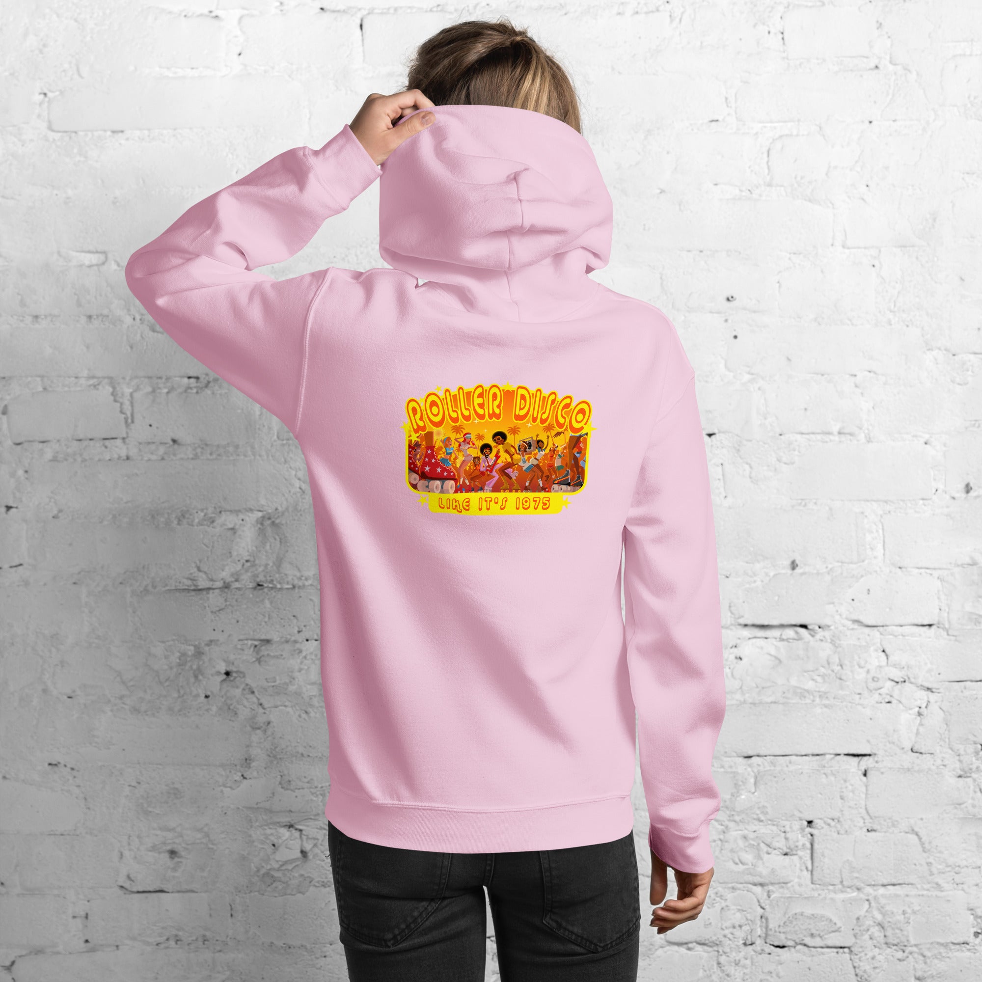 Unisex Hoodie Roller Disco 1975 on light colors (back)