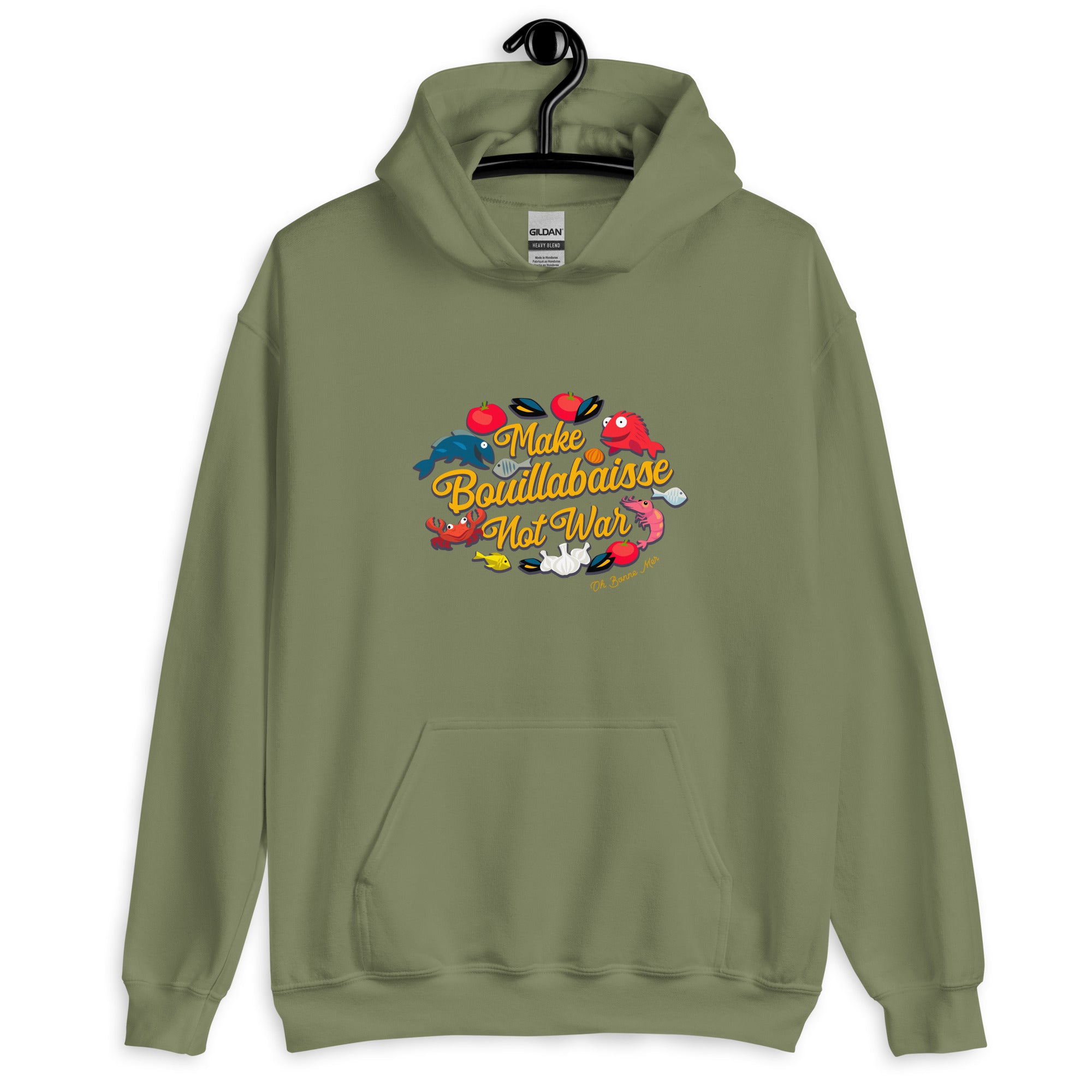 Unisex Hoodie Make Bouillabaisse Not War on bright colors