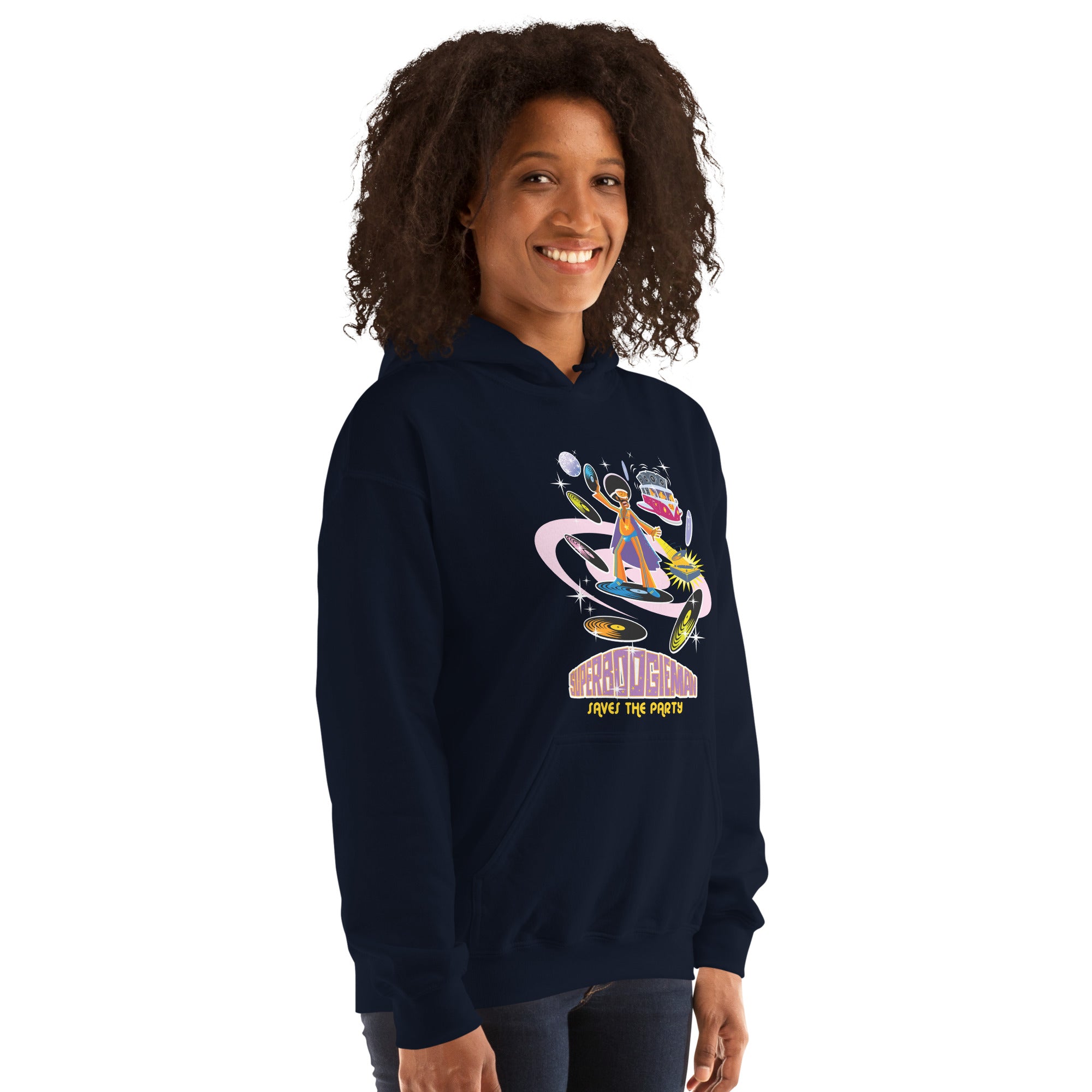 Unisex Hoodie Superboogieman Saves the Party on dark colors