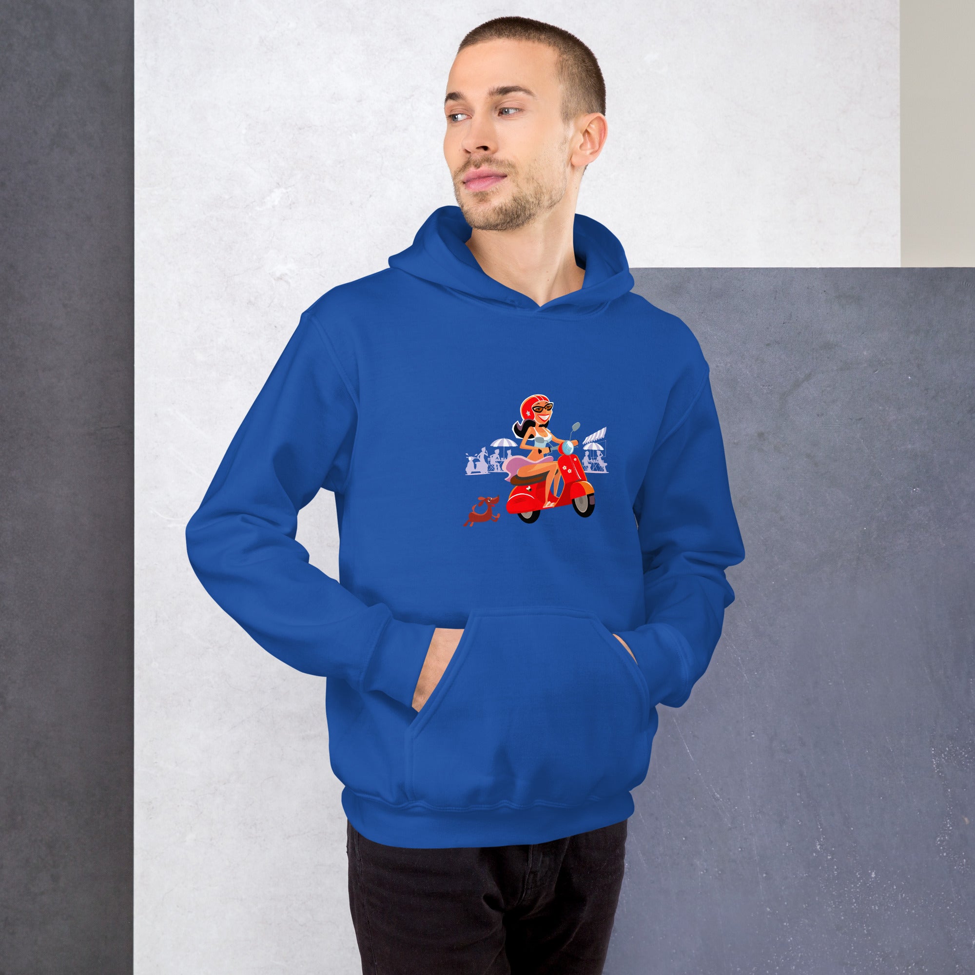 Unisex Hoodie Vespa Girl in St Tropez on bright colors