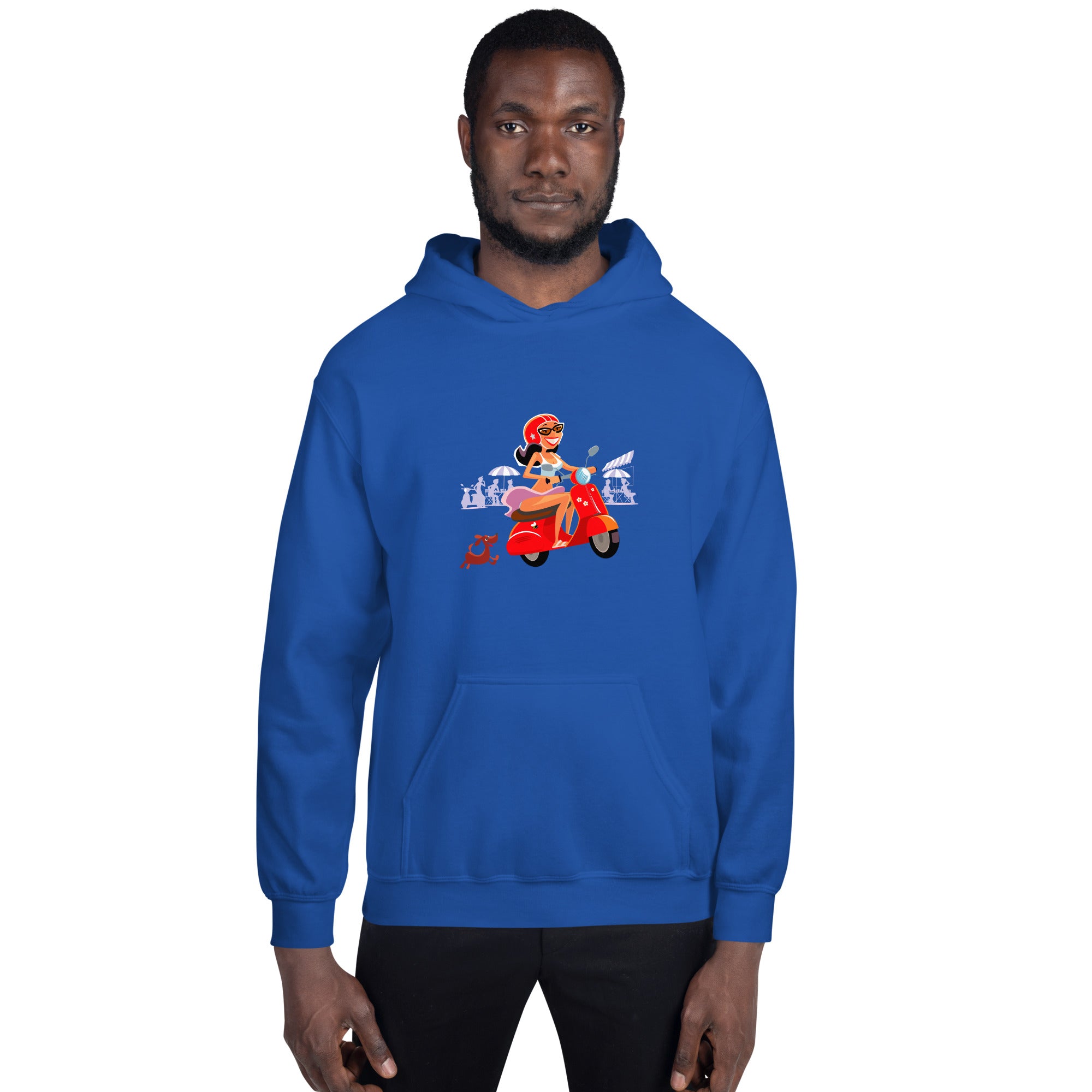 Unisex Hoodie Vespa Girl in St Tropez on bright colors