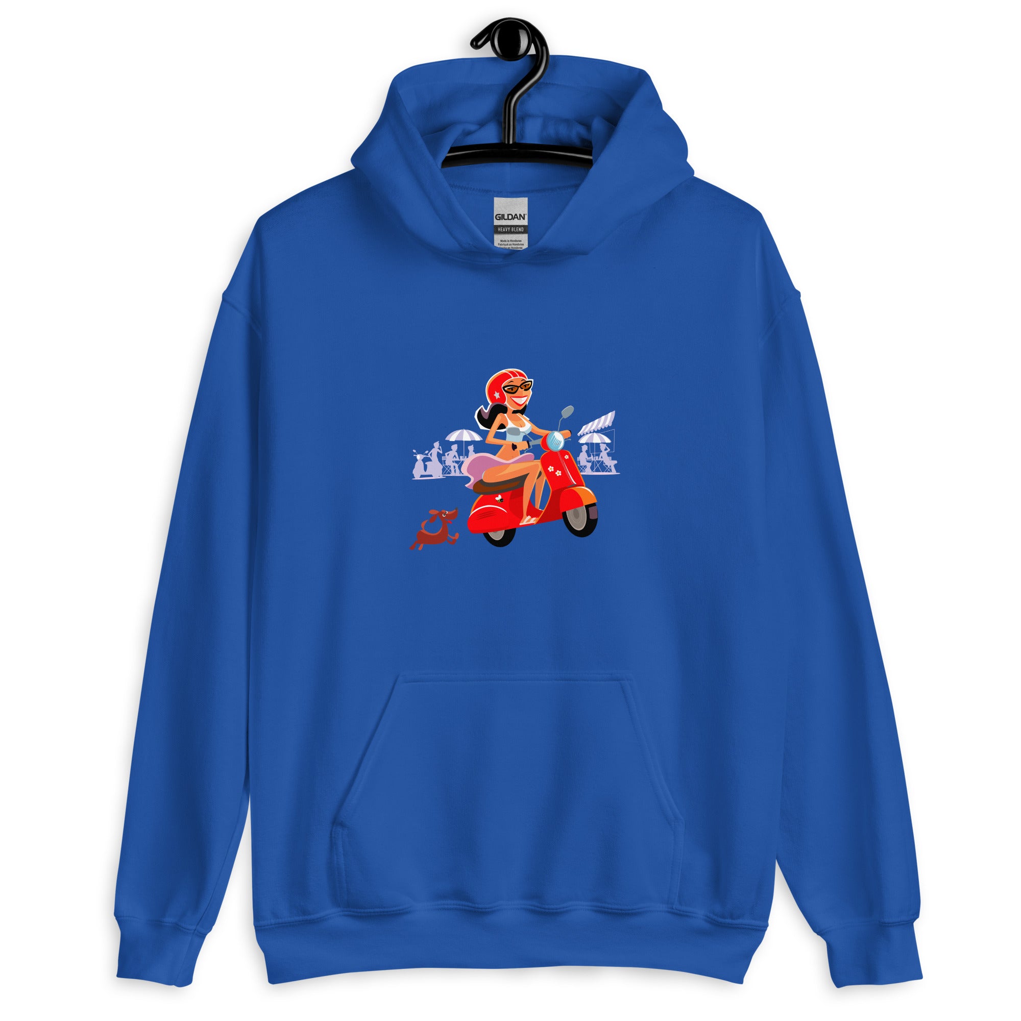 Unisex Hoodie Vespa Girl in St Tropez on bright colors