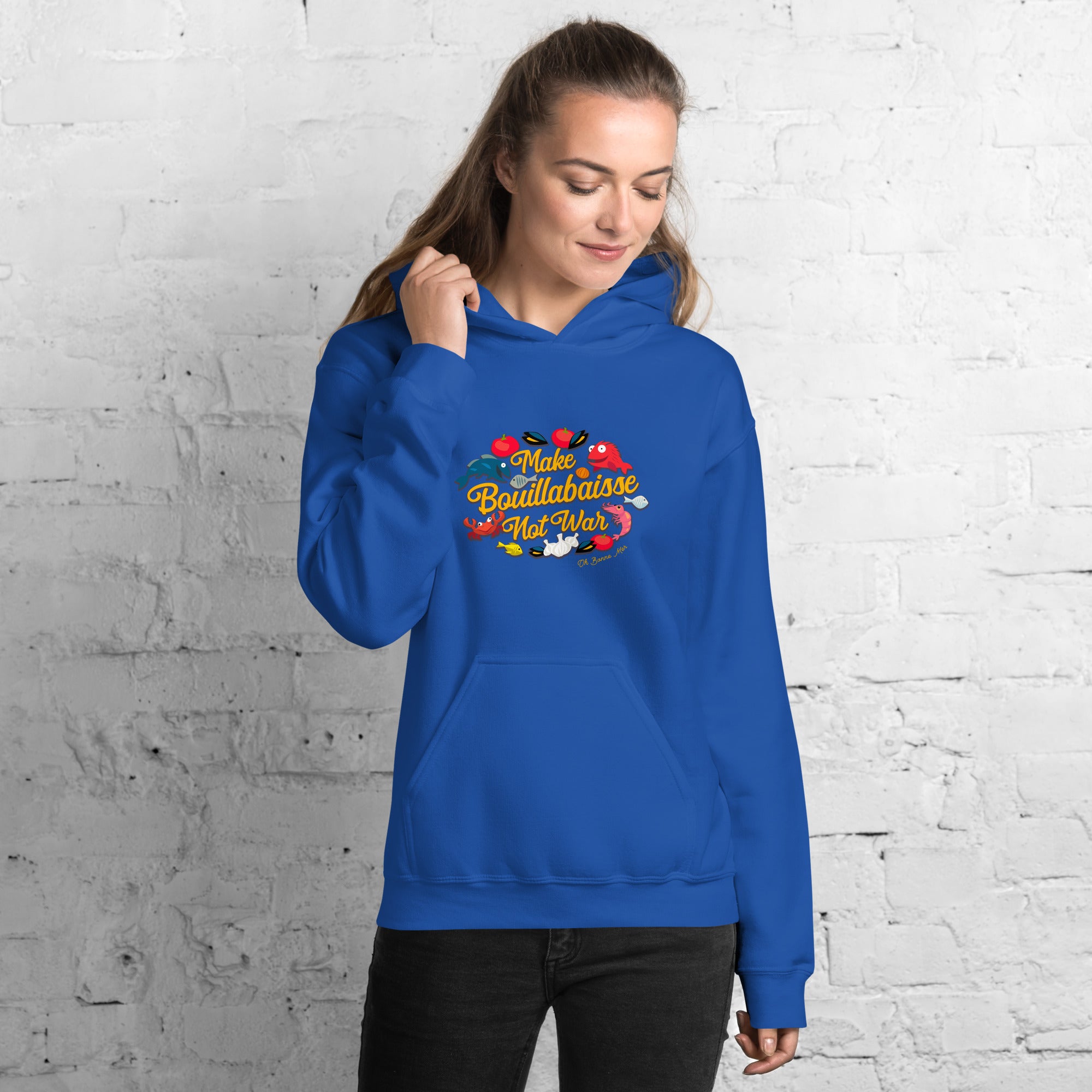 Sweat à capuche d'hiver unisexe Make Bouillabaisse Not War sur couleurs vives