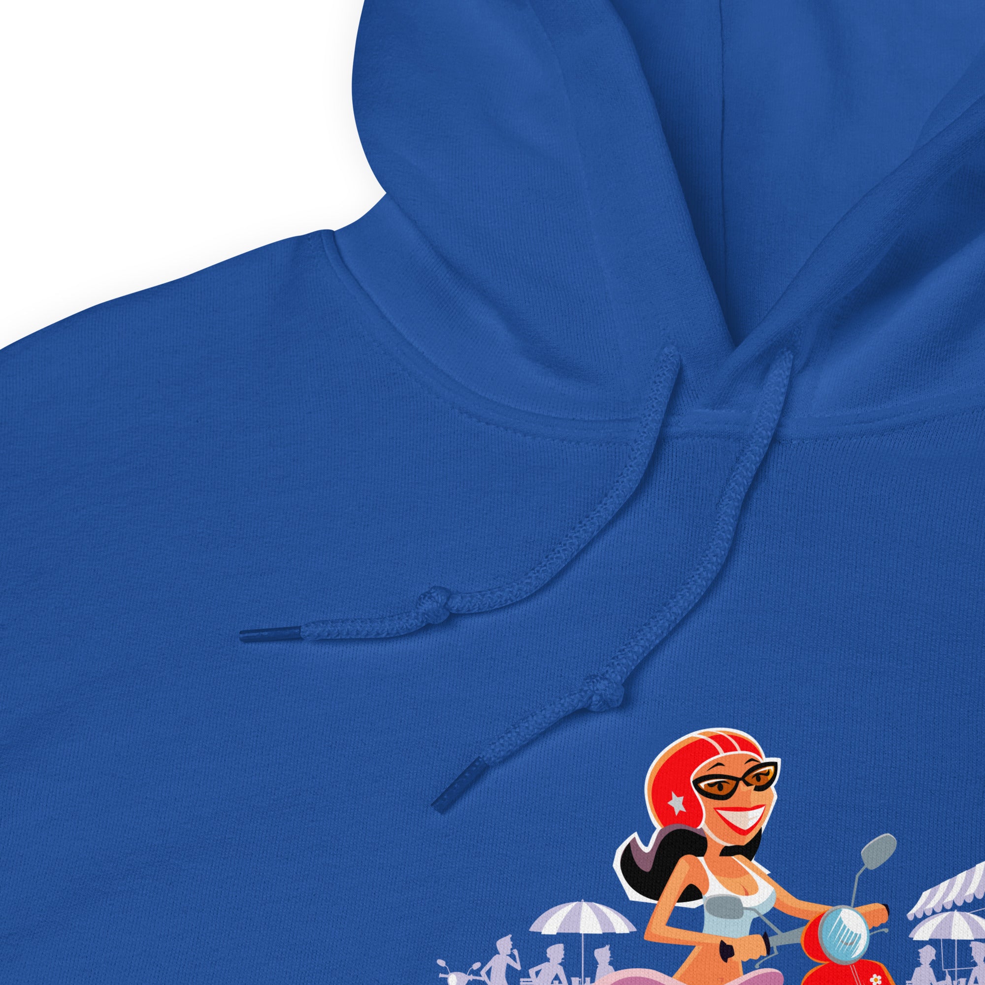 Unisex Hoodie Vespa Girl in St Tropez on bright colors