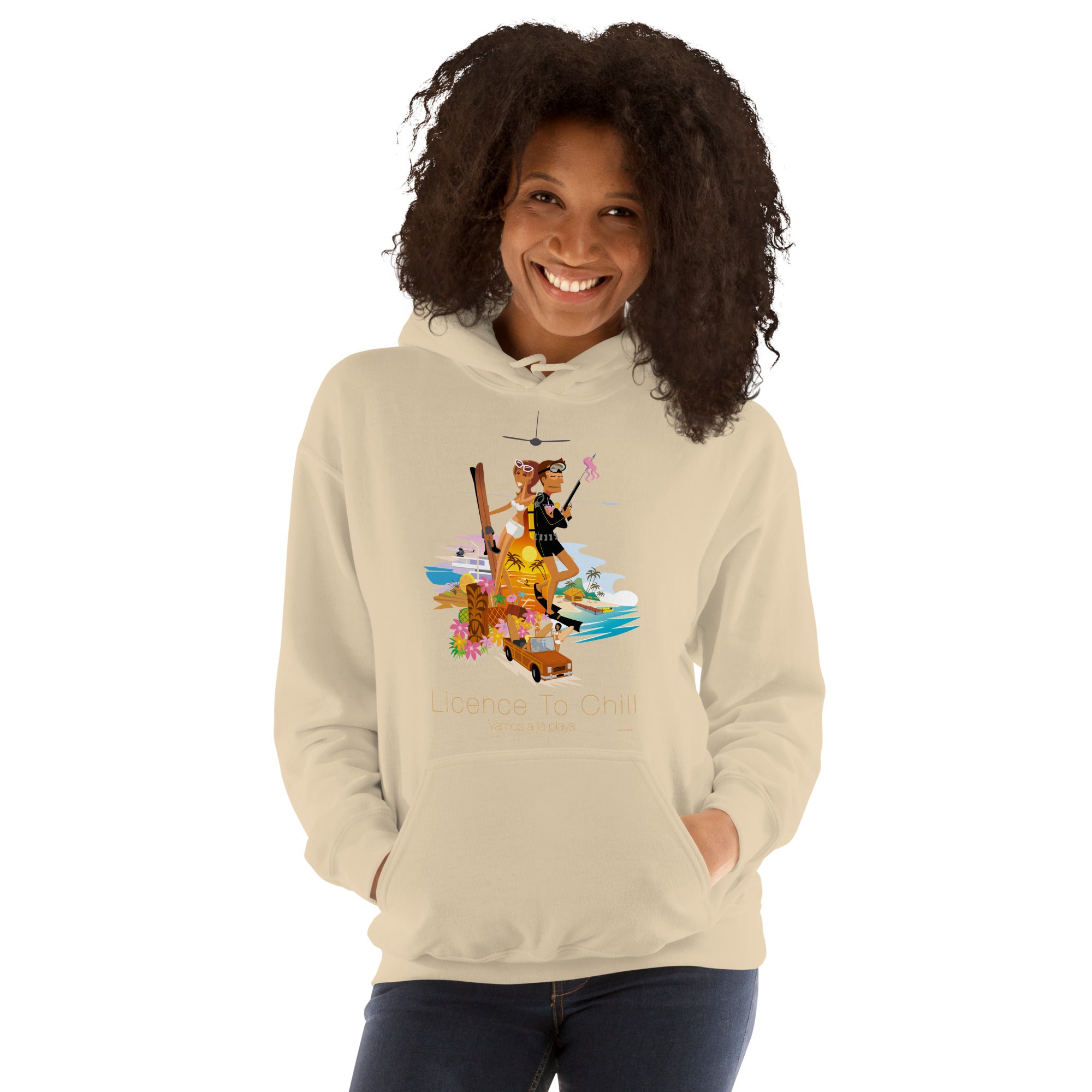 Unisex Hoodie License to Chill Vamos a la Playa on light colors