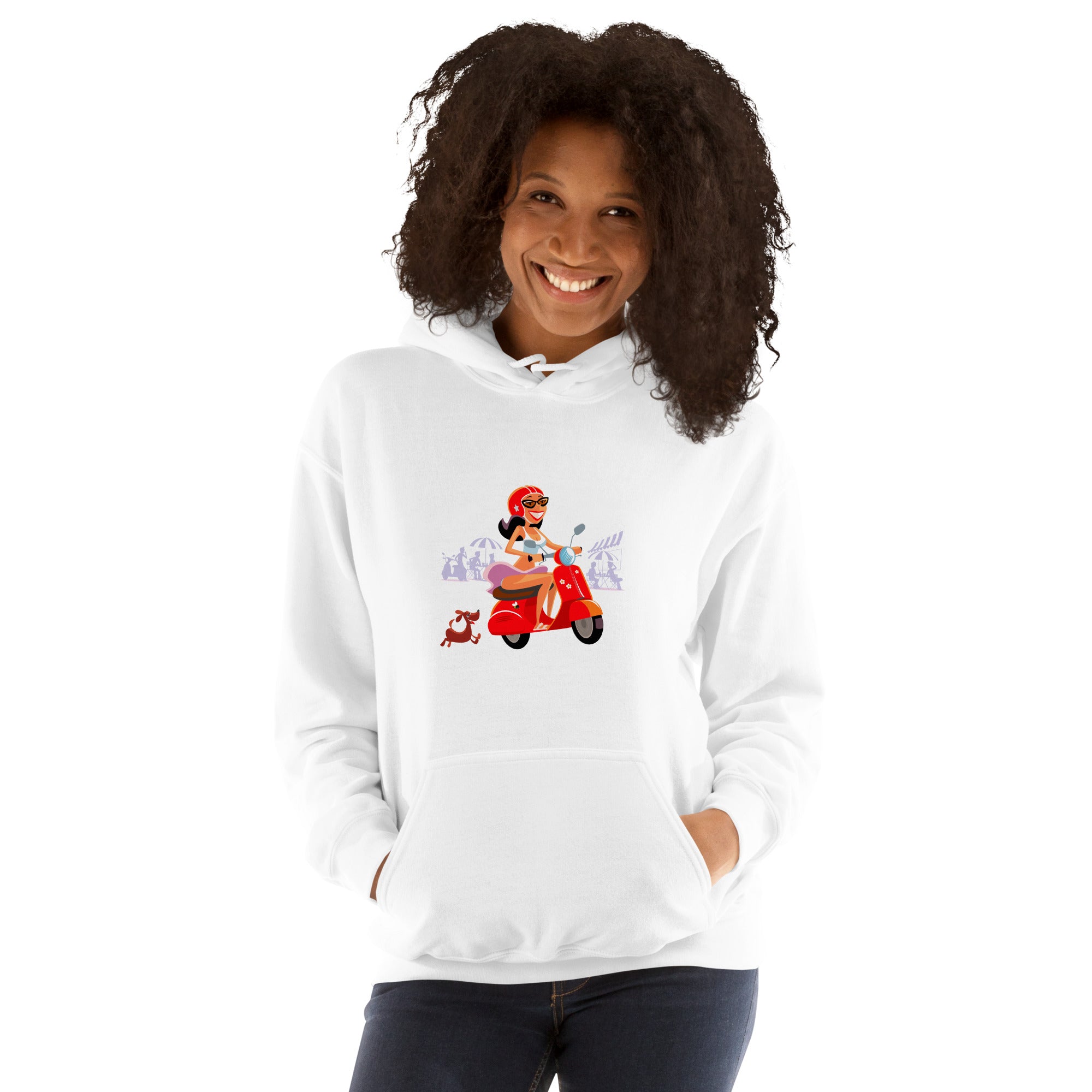 Sweat à capuche d'hiver unisexe Vespa Girl in St Tropez sur couleur claires