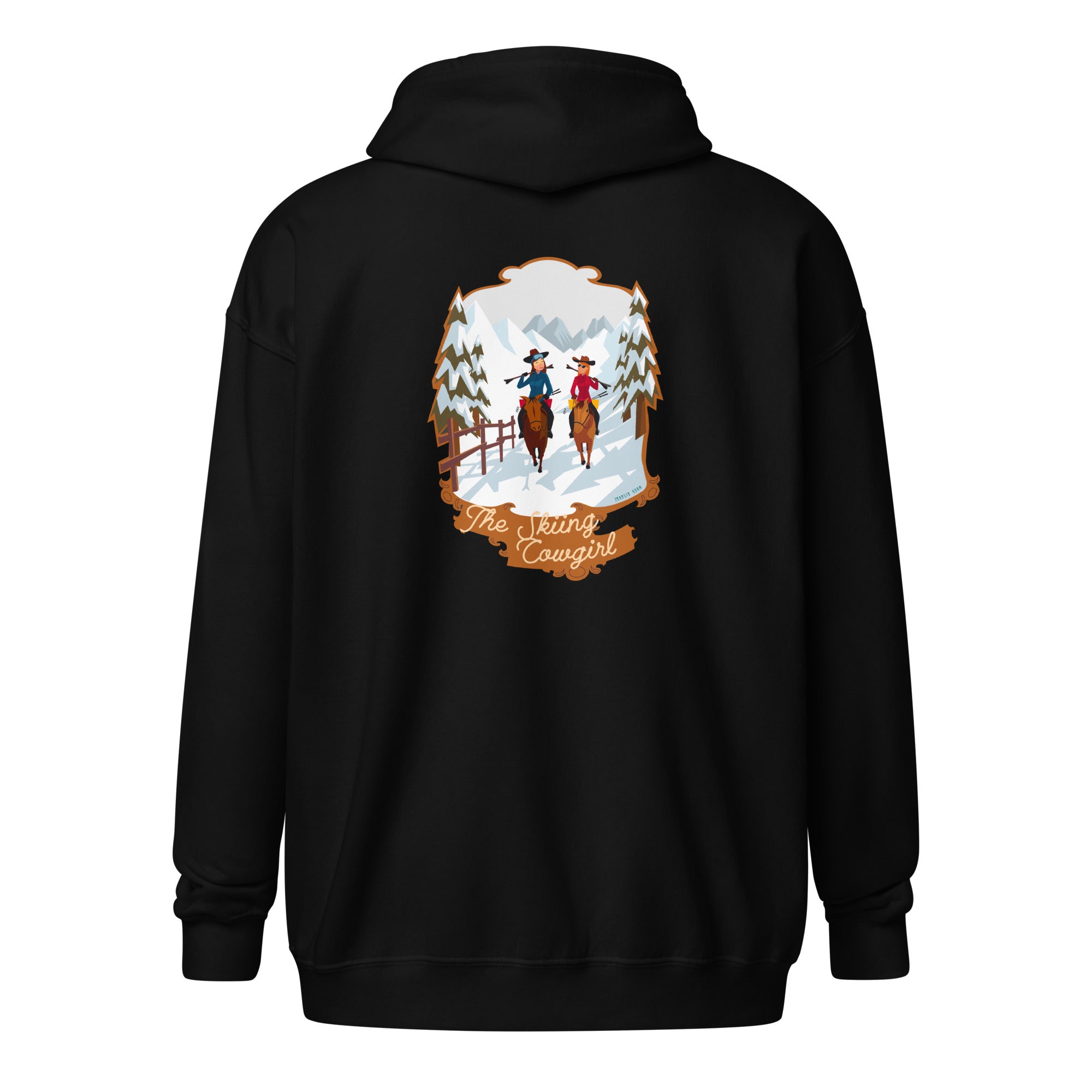 Unisex heavy blend zip hoodie The Skiing Cowgirl (front & back)