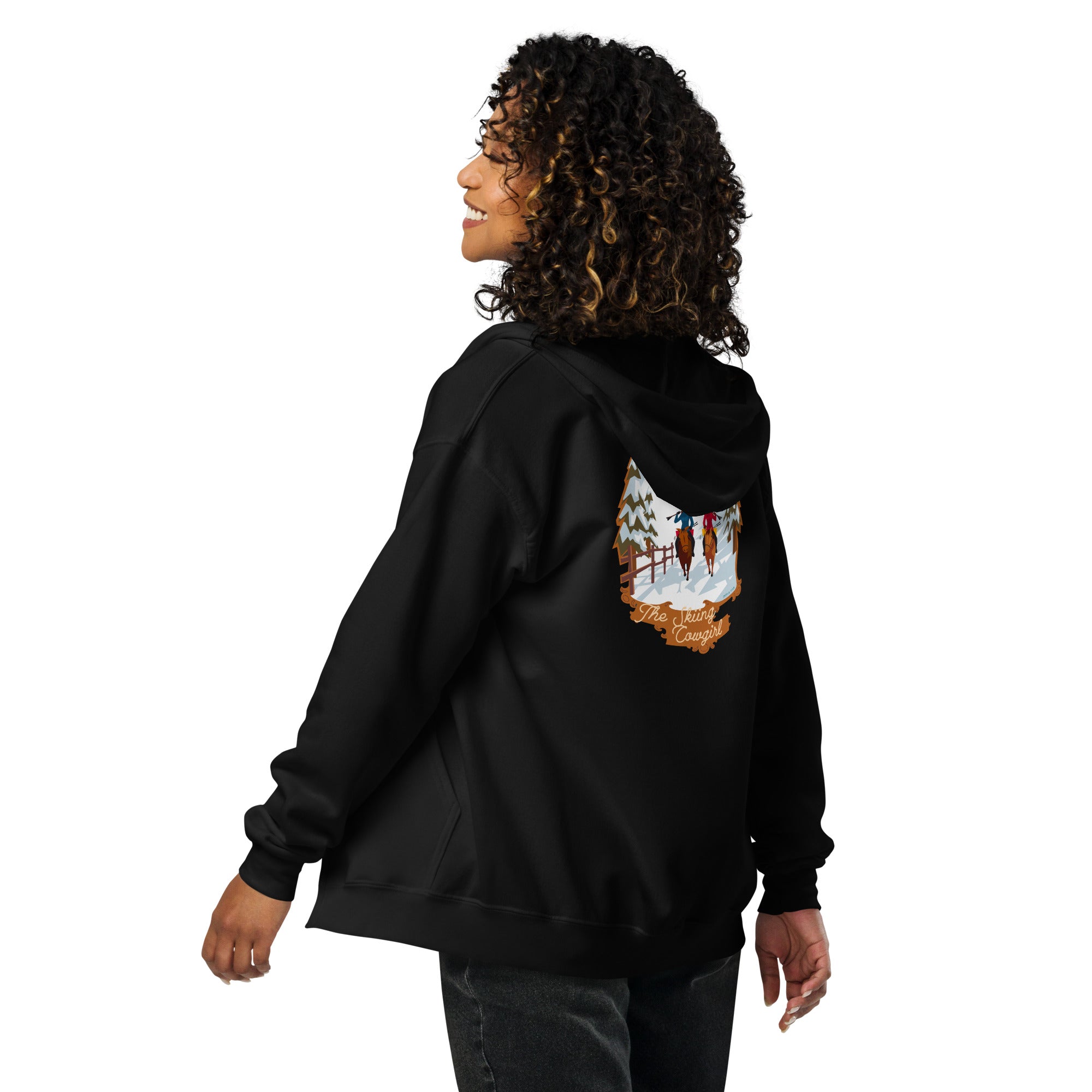 Unisex heavy blend zip hoodie The Skiing Cowgirl (front & back)