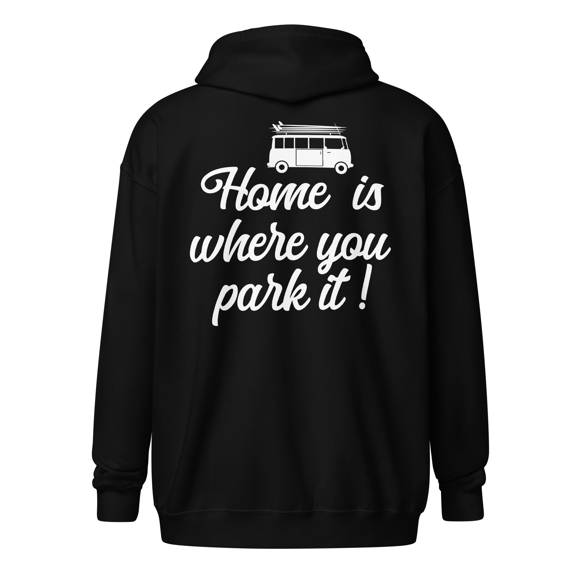 Sweat à capuche épais unisexe à fermeture éclair White Surf Combi Home is where you park it (face & dos)