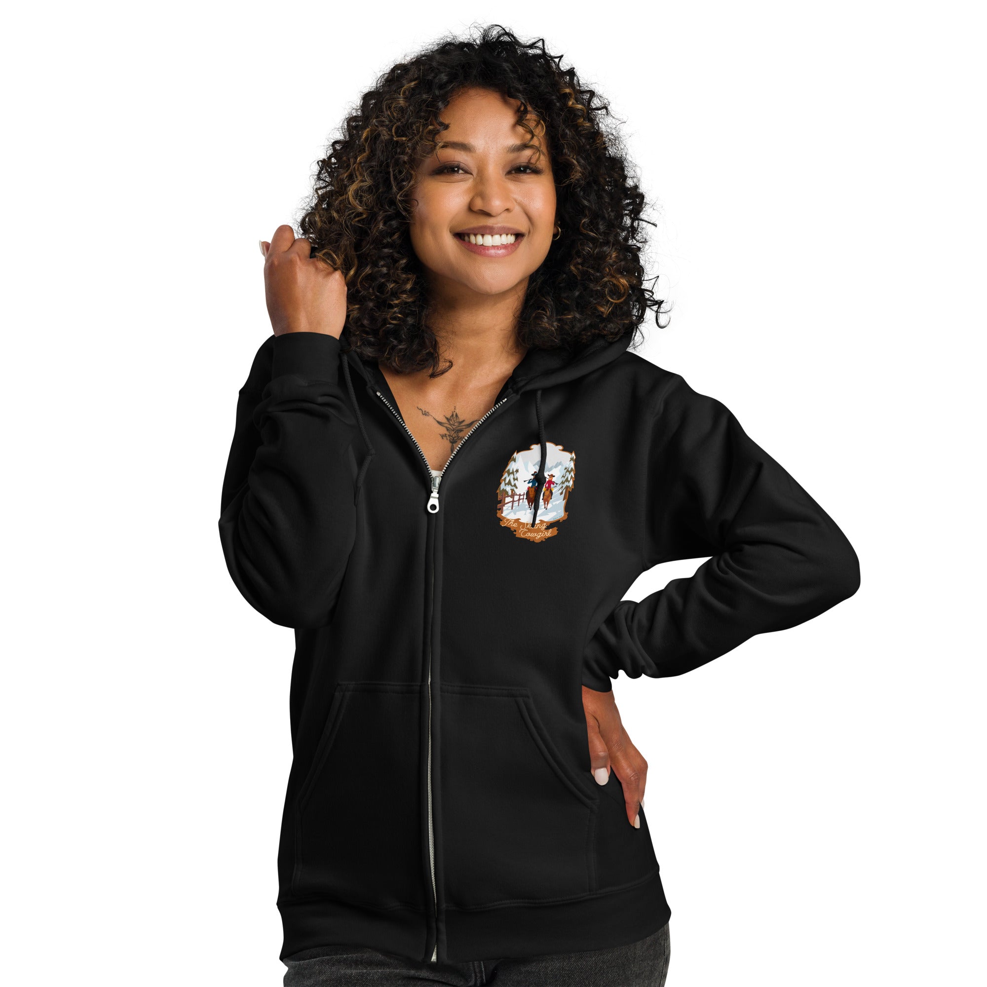 Unisex heavy blend zip hoodie The Skiing Cowgirl (front & back)