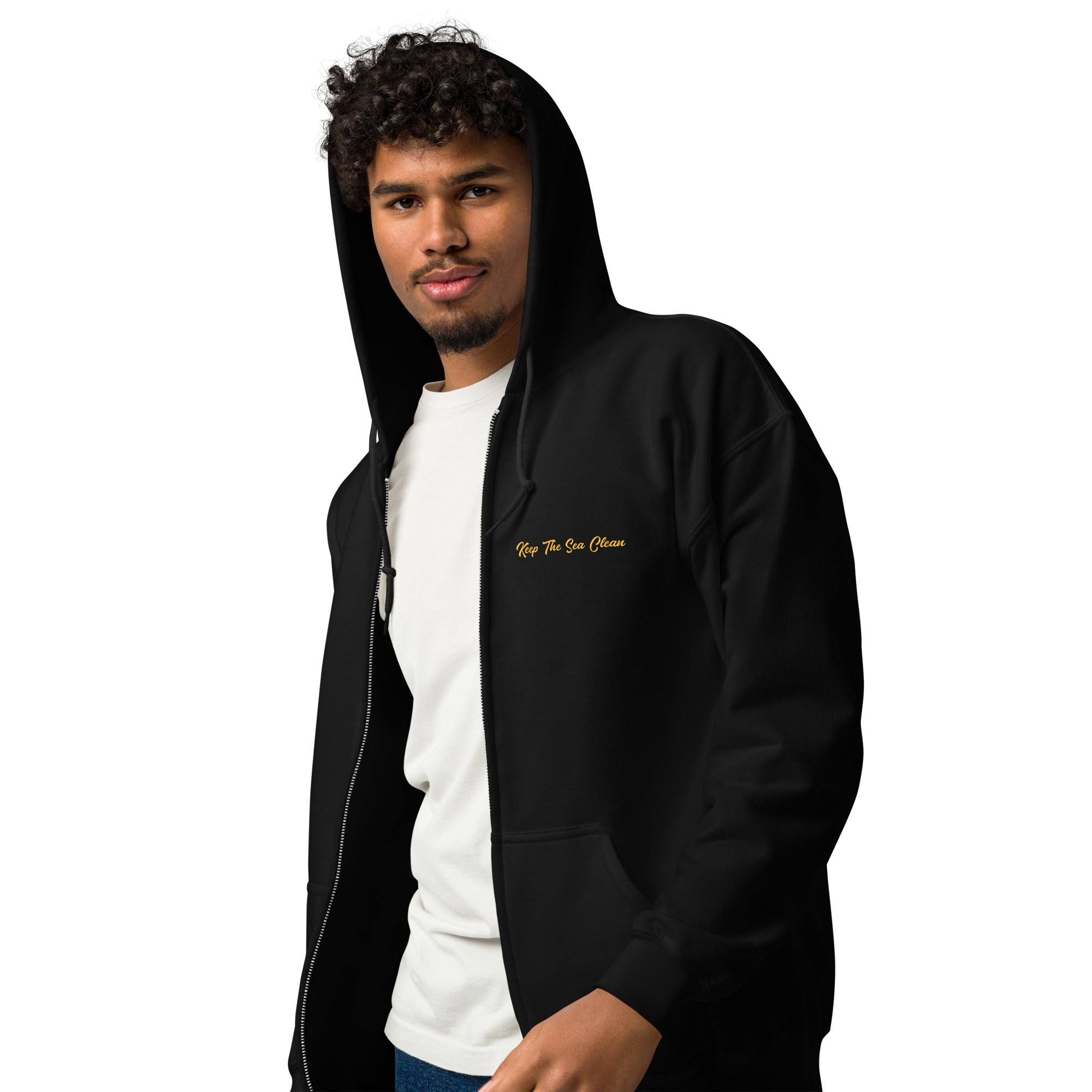 Unisex heavy blend zip hoodie Keep The Sea Clean Gold (front & back)