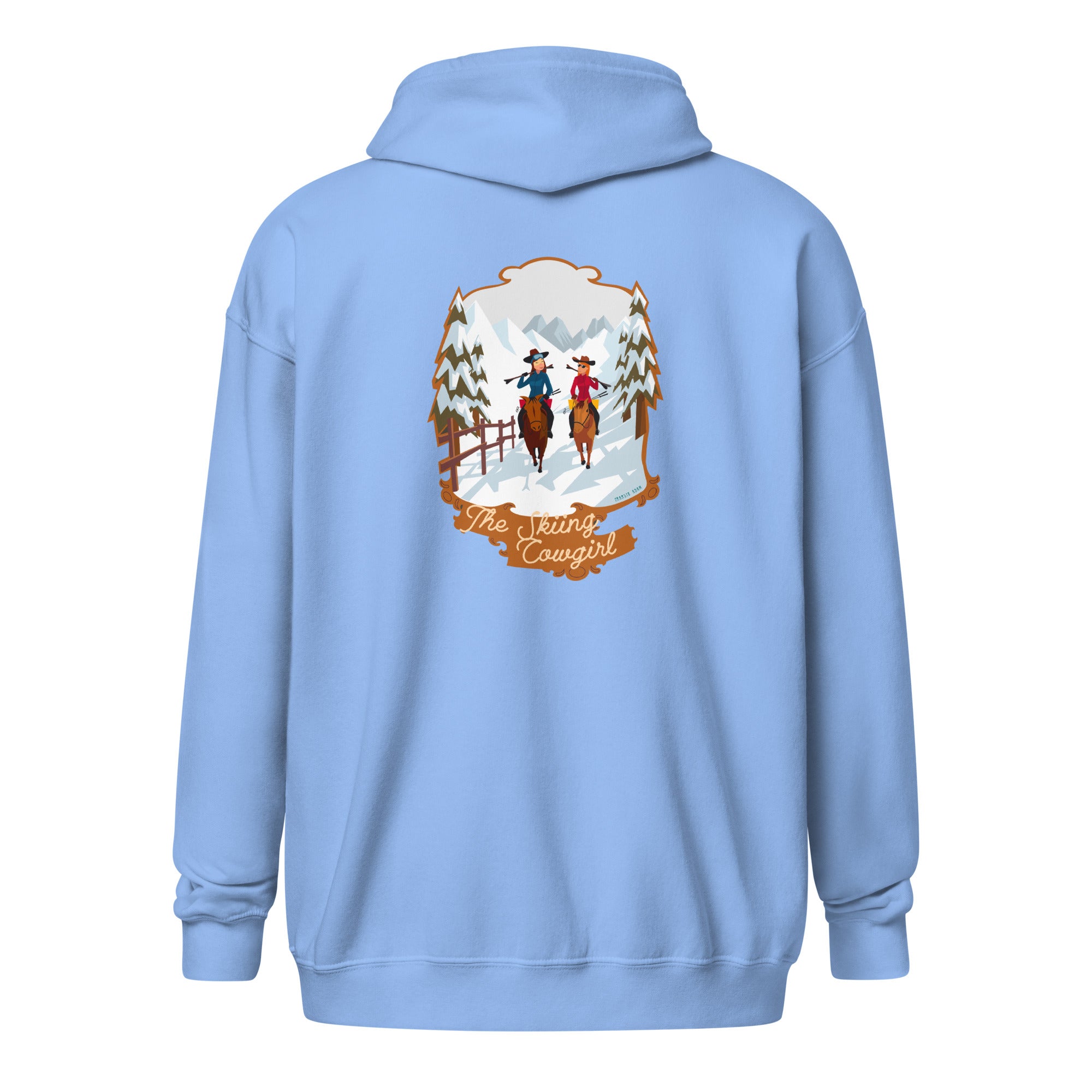 Unisex heavy blend zip hoodie The Skiing Cowgirl (front & back)