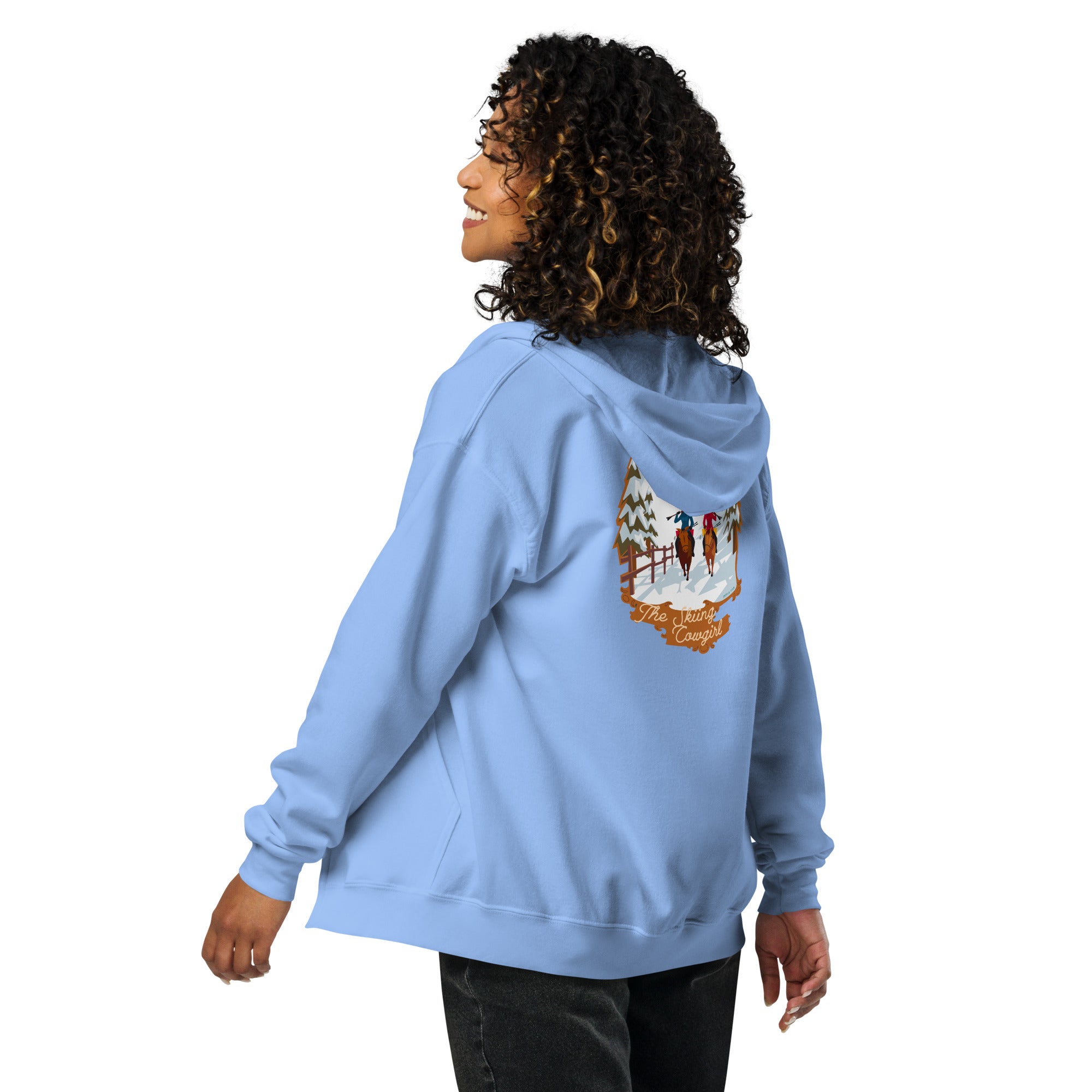 Unisex heavy blend zip hoodie The Skiing Cowgirl (front & back)