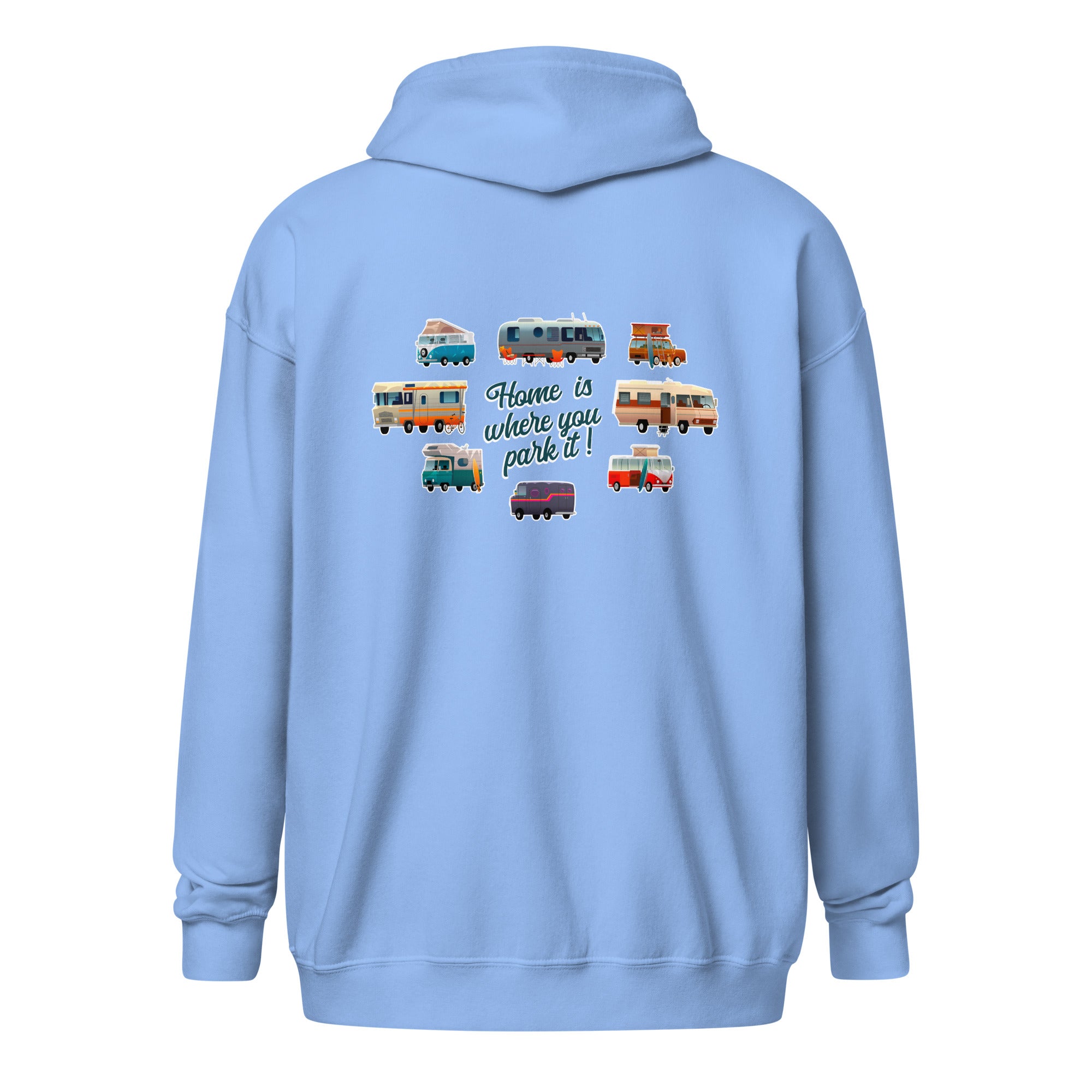 Unisex heavy blend zip hoodie Square Vintage Campers Home is where you park it navy embroidered pattern