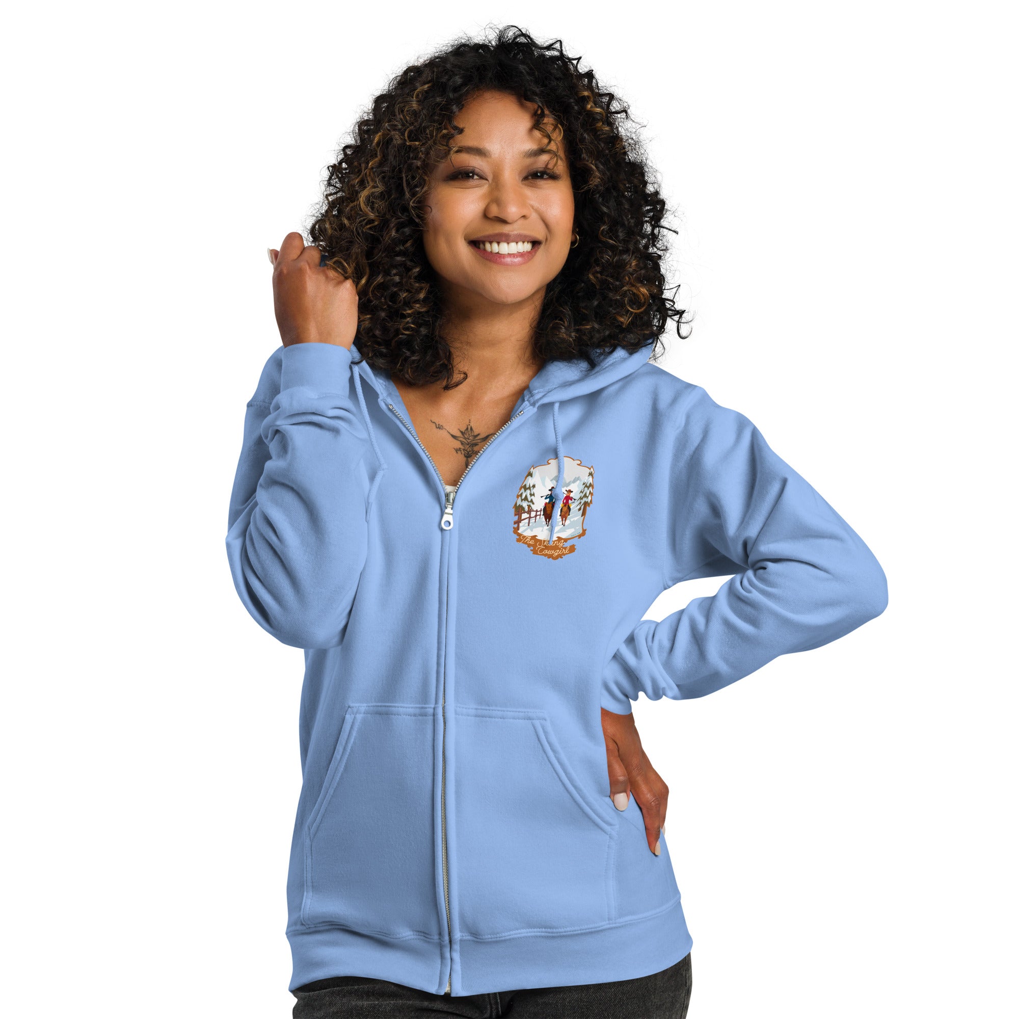 Unisex heavy blend zip hoodie The Skiing Cowgirl (front & back)