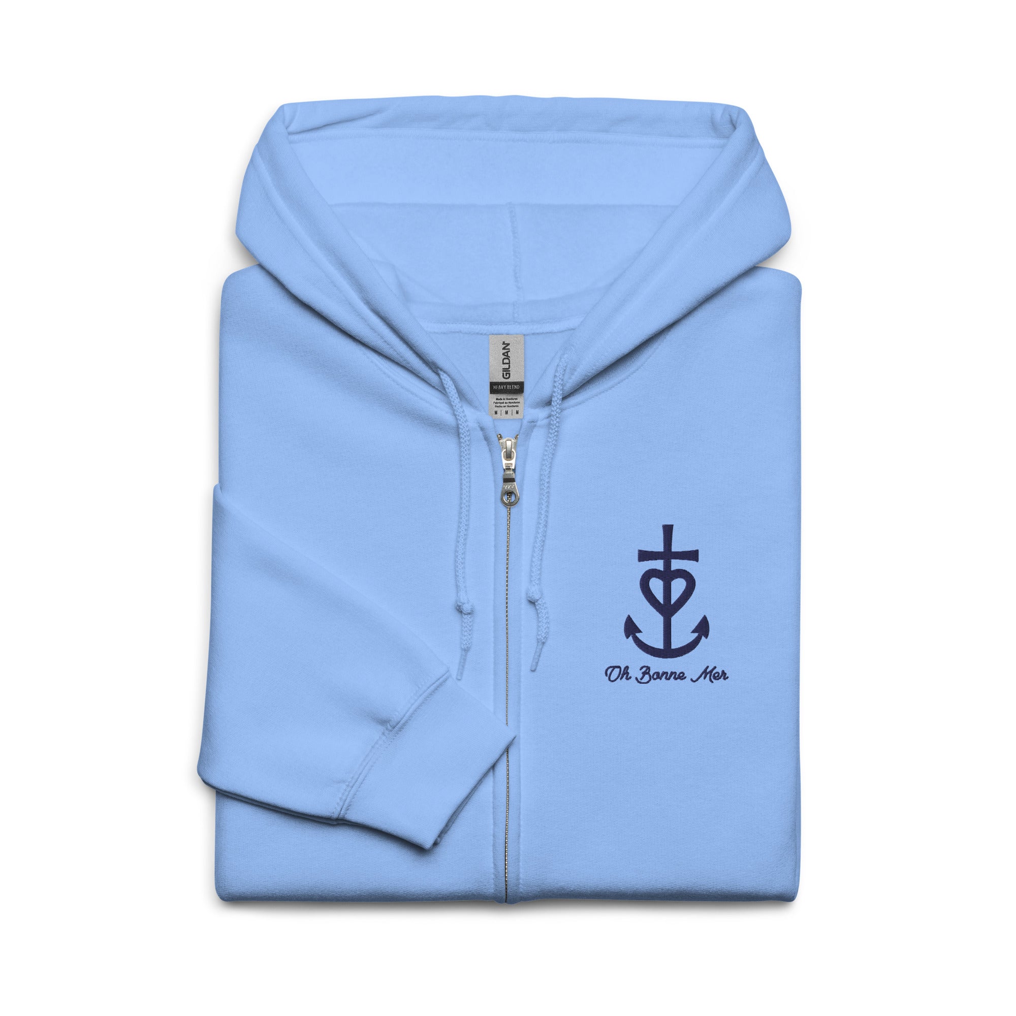 Unisex heavy blend zip hoodie Croix de Camargue Oh Bonne mer Navy embroidered pattern
