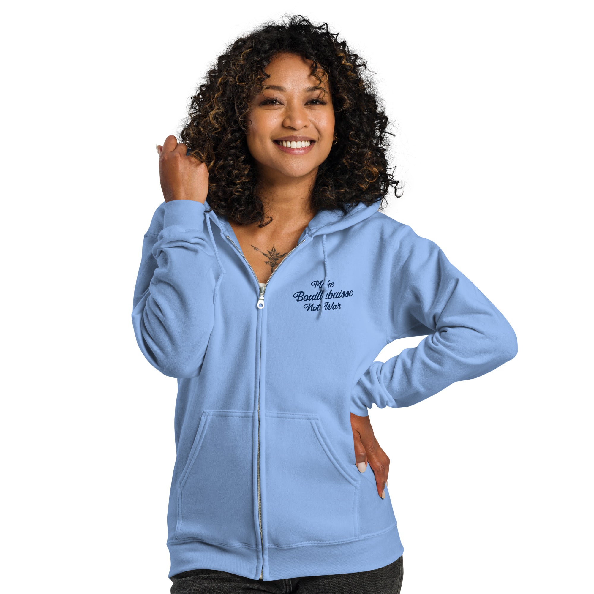 Unisex heavy blend zip hoodie Make Bouillabaisse Not War Navy Text Only (front & back)