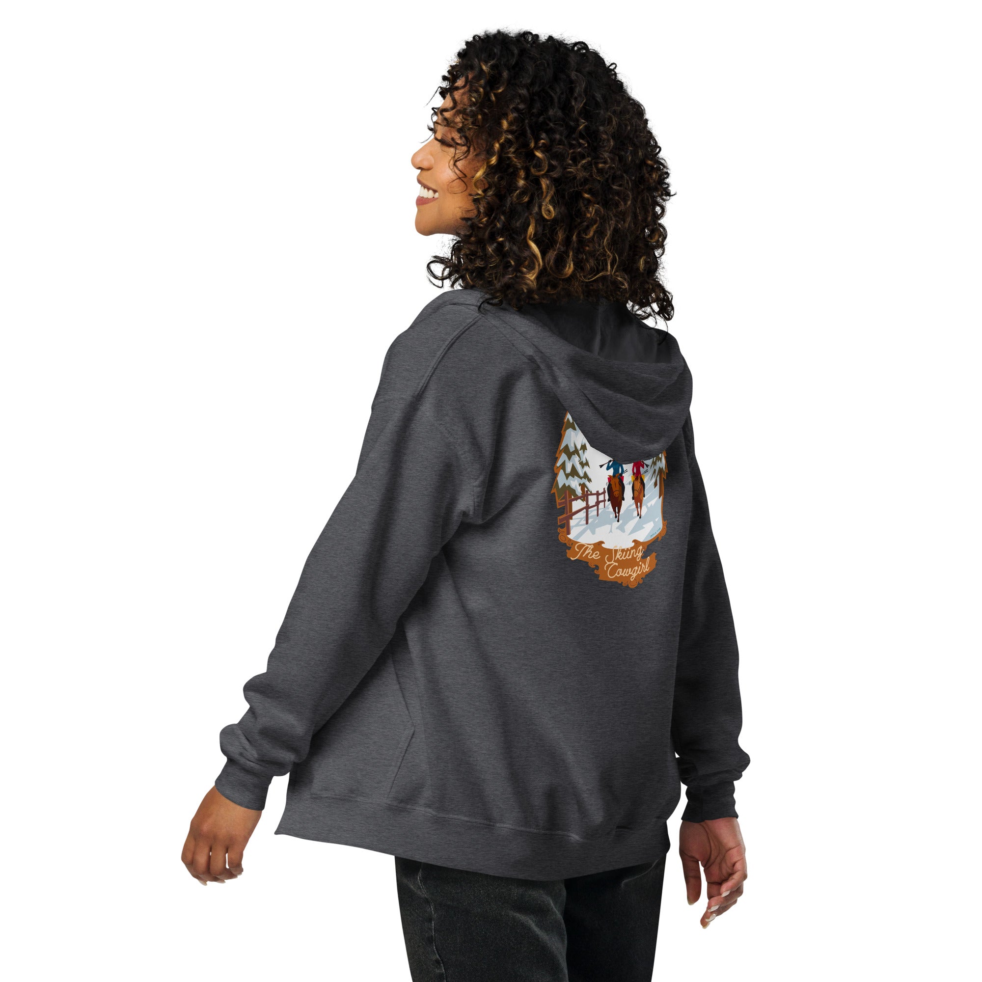 Unisex heavy blend zip hoodie The Skiing Cowgirl (front & back)
