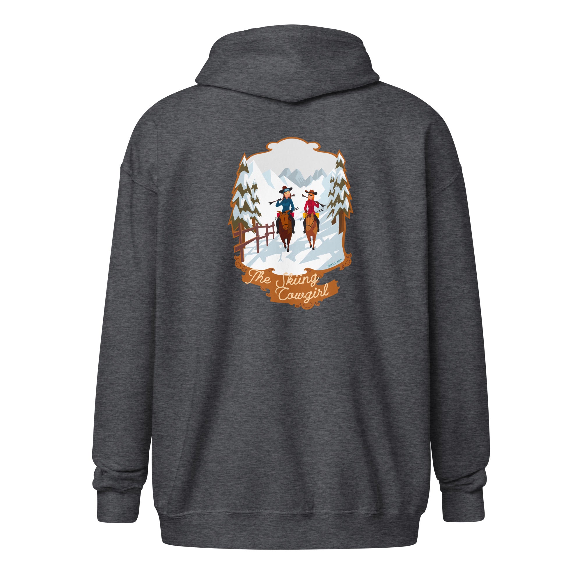 Unisex heavy blend zip hoodie The Skiing Cowgirl (front & back)