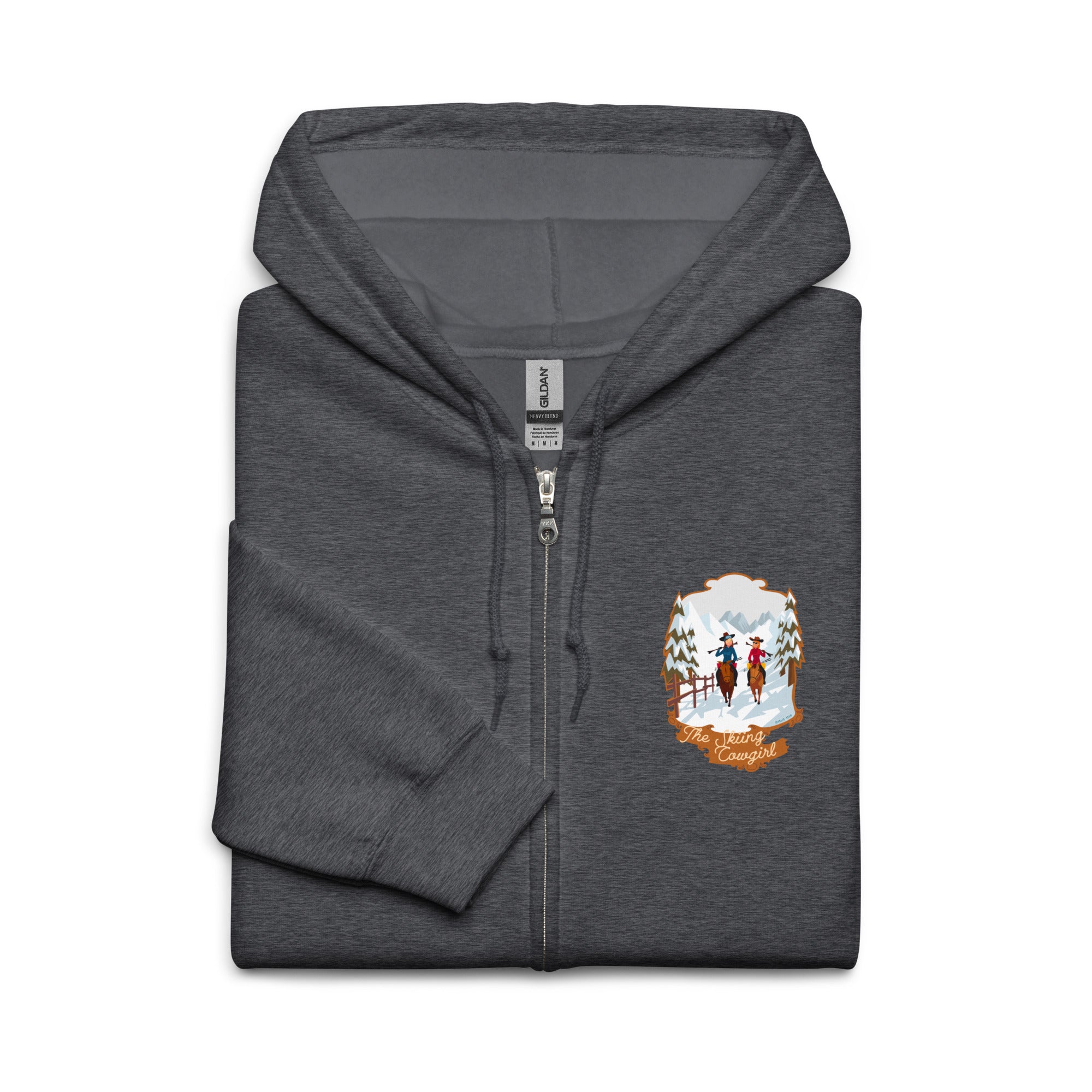 Unisex heavy blend zip hoodie The Skiing Cowgirl (front & back)