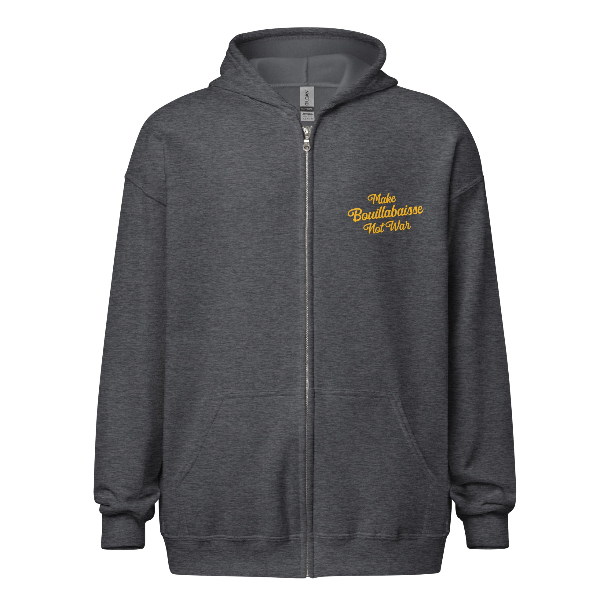 Unisex heavy blend zip hoodie Make Bouillabaisse Not War Gold Text Only (front & back)