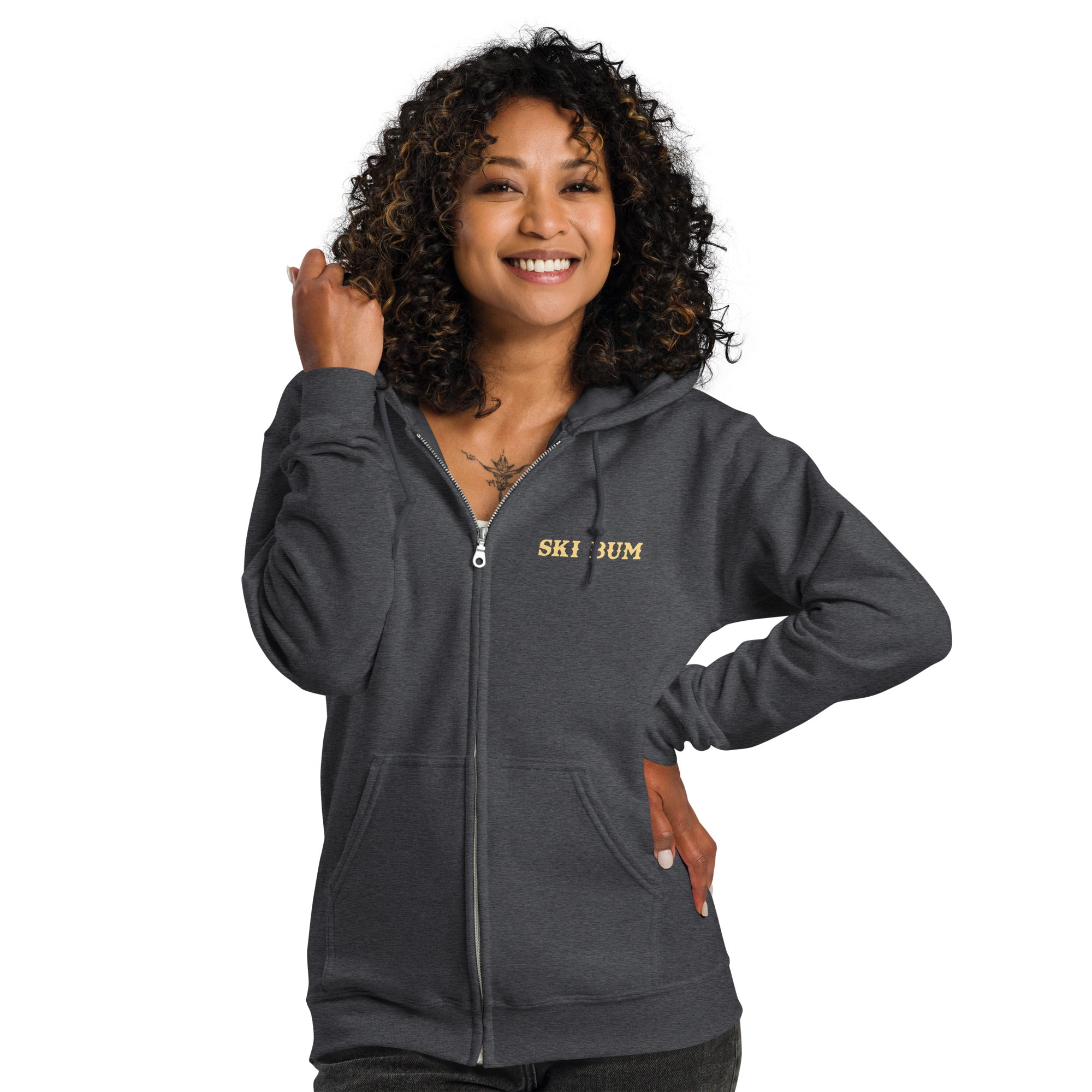 Unisex heavy blend zip hoodie Ski Bum light text (front & back)