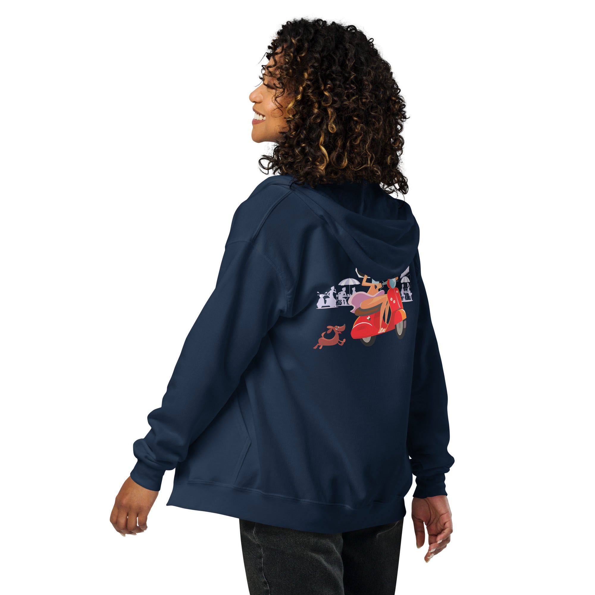 Unisex heavy blend zip hoodie Vespa Girl in St Tropez (front & back)