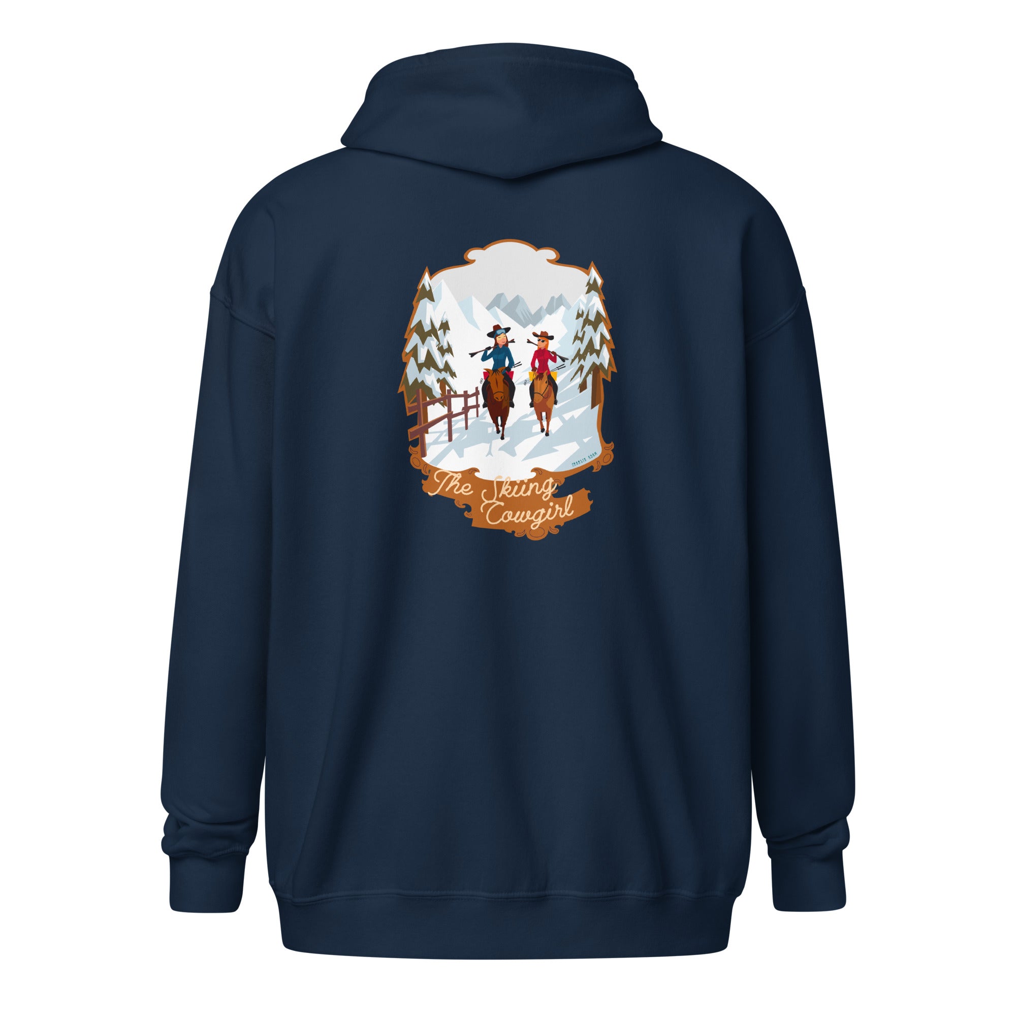 Unisex heavy blend zip hoodie The Skiing Cowgirl (front & back)