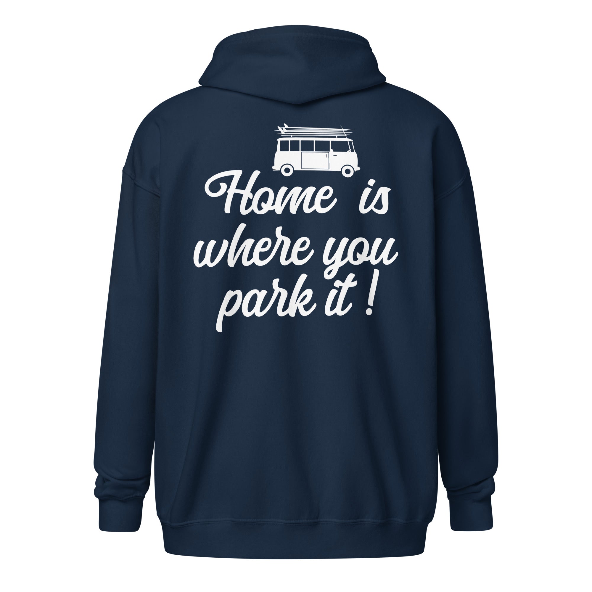 Sweat à capuche épais unisexe à fermeture éclair White Surf Combi Home is where you park it (face & dos)