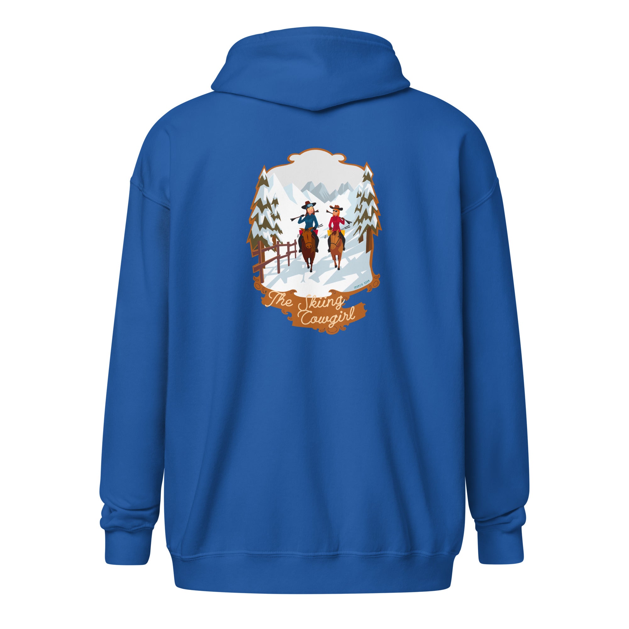 Unisex heavy blend zip hoodie The Skiing Cowgirl (front & back)